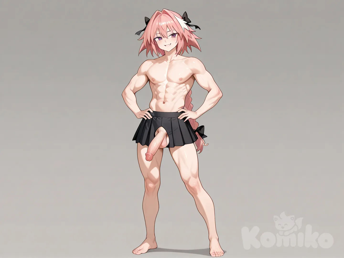 @Astolfo_(Fate) femboy con pene, sin camisa, desnudo solo con una falda negra con un hoyo por donde sale su pene, sin camisa, descalzo, un poco musculoso, de pie, con pene, sin camisa, cuerpo completo, imagen completa