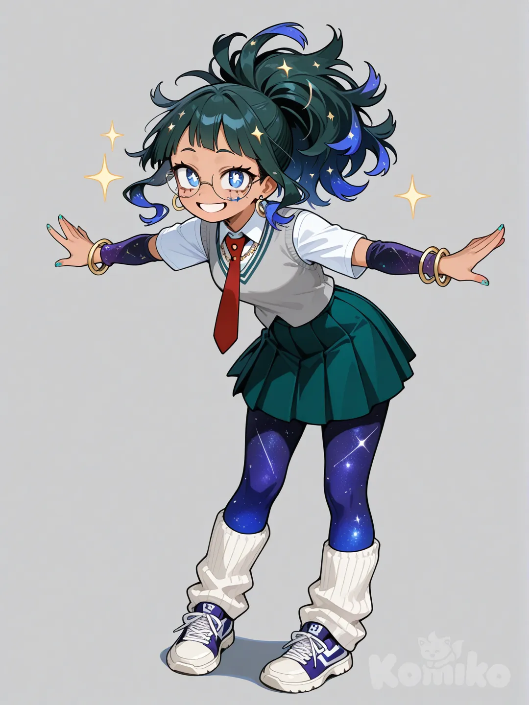 1 girl, anime,my hero academia, teenager,Age 17, slim, athletic, short, long hair, curly hair, straight hair,Messy hair,BIG hair, ponytail, Messy bangs,Galaxy Hair,Dark Galaxy hair,Blue highlights, blue eyes, big eyes, sparkling eyes, glowing eyes,Sparkle hair,Star hairclip, smooth skin, tan skin, sun-kissed skin, glowing skin,Button up,gray long sleeves vest,red tie,Dark green skirt,Galaxy socks,Legwarmers,Galaxy leggings, uniform, glasses, earrings, bracelet, necklace, Sparkle nail polish, Star makeup, sneakers, Armwarmers., standing, smile, excited,Arms in front, full body, classroom.