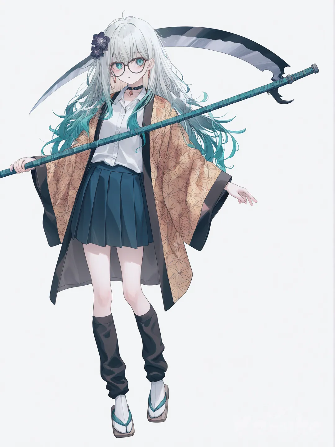 [soft-pastel-style] 1girl, teen, slim, petite, multicolored_hair, pastel_colors, white_hair, blue_hair, green_hair, long_hair, messy_hair, fluffy_hair, hair_over_eyes, side_part, green_eyes, blue_eyes, fair_skin, sparkling_skin, demon_slayer_hashira_uniform, fully_buttoned_shirt, earth_pattern_haori, floral_haori, scarf, scarf_over_mouth, earrings, necklace, choker, glasses, knee_socks, leg_warmers, geta, hair_flower, sparkling_eyes, glowing_eyes, scythe, earth_elements, earth_pattern, single_character, full_body, looking_at_viewer, simple_background, white_background