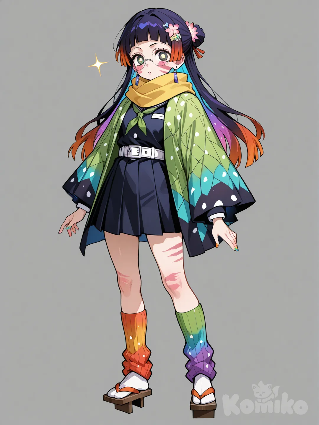 1girl, Demon Slayer style, original character in the world of Demon Slayer, teenager,Age 17, slim, tall, athletic,Rainbow hair, straight hair, bun, long hair, Bangs, Hazel eyes , Round eyes,Sparkle eyes,Glowing eyes, fair skin,Normal Demon slayer uniform,Skirt,Rainbow Haori ,Polka dot Haori,Geta,Legwarmers,Flowers in hair, earrings, necklace, knee-high socks, glasses, scarf, red hair, Orange hair,Yellow hair, green hair, blue hair, purple hair,Rainbow nails, Rainbow legwarmers,Rainbow marks on cheeks.