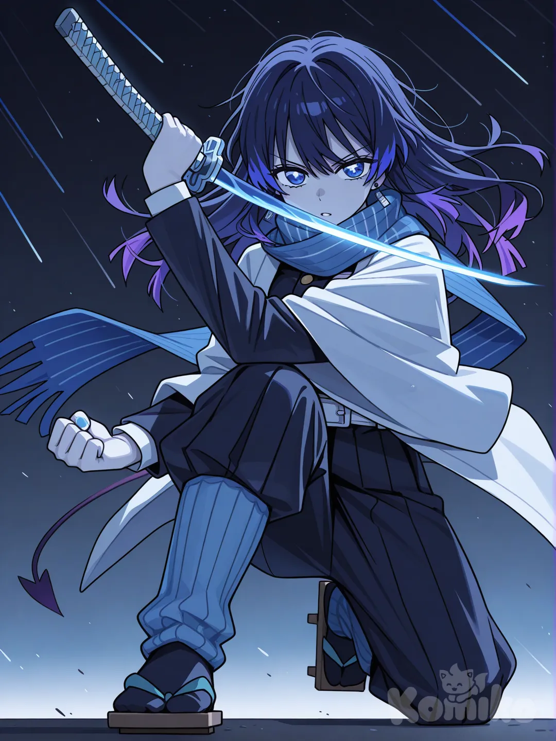 [toon-shaded-style] kimetsu no yaiba, 1 girl, anime, Demon slayer, teenager, slim, short, long hair, Messy bangs,Messy hair,Navy blue hair,blue hair,purple hair, blue eyes, big eyes, glowing eyes, sparkling eyes, soft features, fair skin, smooth skin, glowing skin,Demon slayer Uniform,Comet themed haori,Geta,Legwarms,Armwarm, earrings, necklace, belt, blue nail polish, scarf, with fluffy dove on the shoulders,White bangs over eyes,White in battle with a sword fighting.Base: Standard Demon Slayer uniform
Colors: Deep navy or black (classic), but with comet accents
Details:

Thin silver streak running down each sleeve (like a comet trail)

Light blue or white stitching at the seams

Small comet emblem on the left shoulder

Pants or skirt both work

Gloves optional, but can have tiny sparkles.Arm Warmers

Base Color: Deep navy blue

Length: Wrist → just below the elbow

Design:

A thin comet streak in light blue/icy blue running diagonally along the top of the arm

Small silver or white sparkles scattered along the streak, like stars trailing the comet

Optional tiny star charm near the wrist for a cute, playful touch

Cuff: Light blue ribbed edge, soft and cozy



Base Color: Navy blue (matching the arm warmers)

Length: Ankles → just below the knees

Design:

Two comet trails running vertically along the front of each leg

Sparkles/stars scattered lightly along the trails

Slight gradient at the bottom: navy → icy blue, giving a “light fading into speed” effect

Top Edge: Ribbed, light blue trim for a soft, youthful look


✨ Overall Vibe

Soft and cozy enough for a 14-year-old beginner

Still dynamic and magical, perfect for her Comet Breathing style

Matches her uniform: dark base with icy comet-blue accents
Shape: Long and thin, drapes loosely around her neck

Base Color: Deep navy blue

Pattern:

One bright icy blue comet streak starting at one end and fading across the scarf

Tiny white or silver sparkles scattered along the streak

Ends: Pointed or slightly jagged like a comet tail

Effect: Looks like she’s leaving a comet trail as she moves.Base: Dark blue lacquered wood

Straps: Gradient from dark navy → icy blue

Decoration: Tiny streaks along the sides of the base, mimicking comet trails

______________________________
CHARACTER SHEETS 
Expressions,Poses, Weapon 

Very messy hair that's very messy and long messy bangs no haori Blade: Slightly curved, silver steel with faint light-blue streaks along the edge

Hamon: Shaped like a comet tail (thin streaks along the blade)

Tsuba (Guard): Small star or comet-shaped cutout

Handle: Navy blue with icy-blue ribbon wrap, small silver star at the pommel
_________________________
No haori's is beginner 
Character sheet