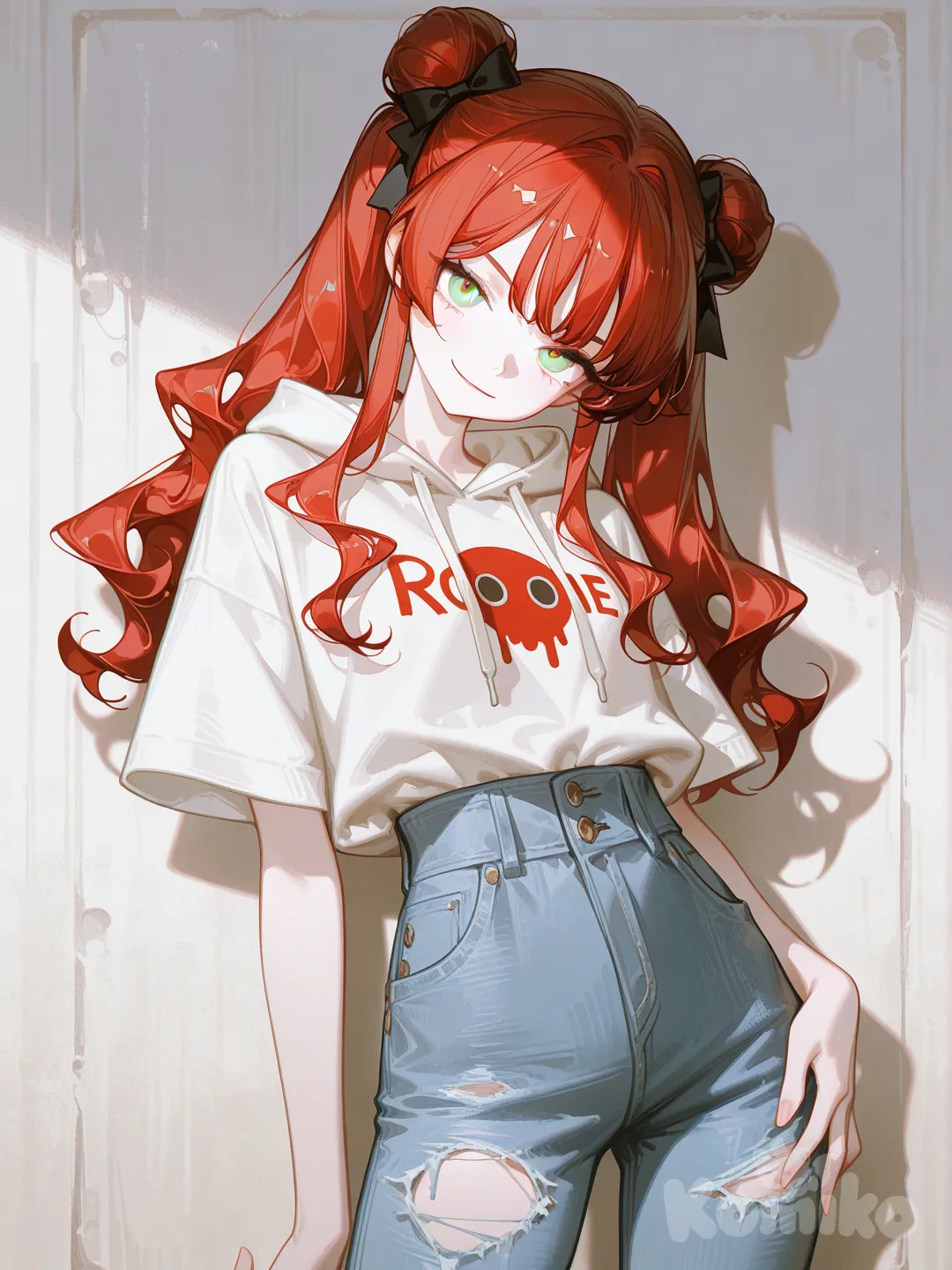 [high-gloss-illustration-style], @nana-FqvG, head tilt, smirk, hoodie, casual pants, double buns