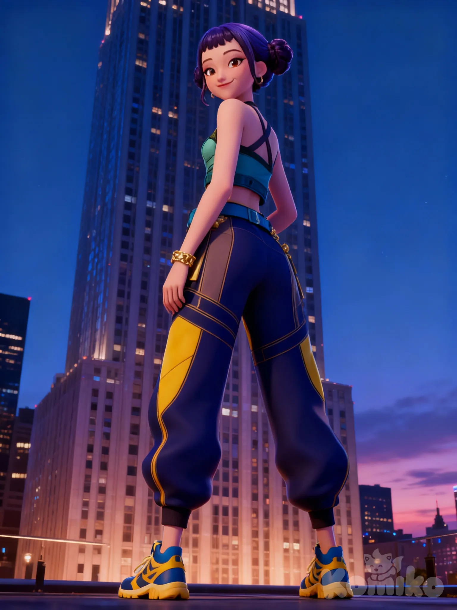 @Zoey, looking back, full body, skyscraper