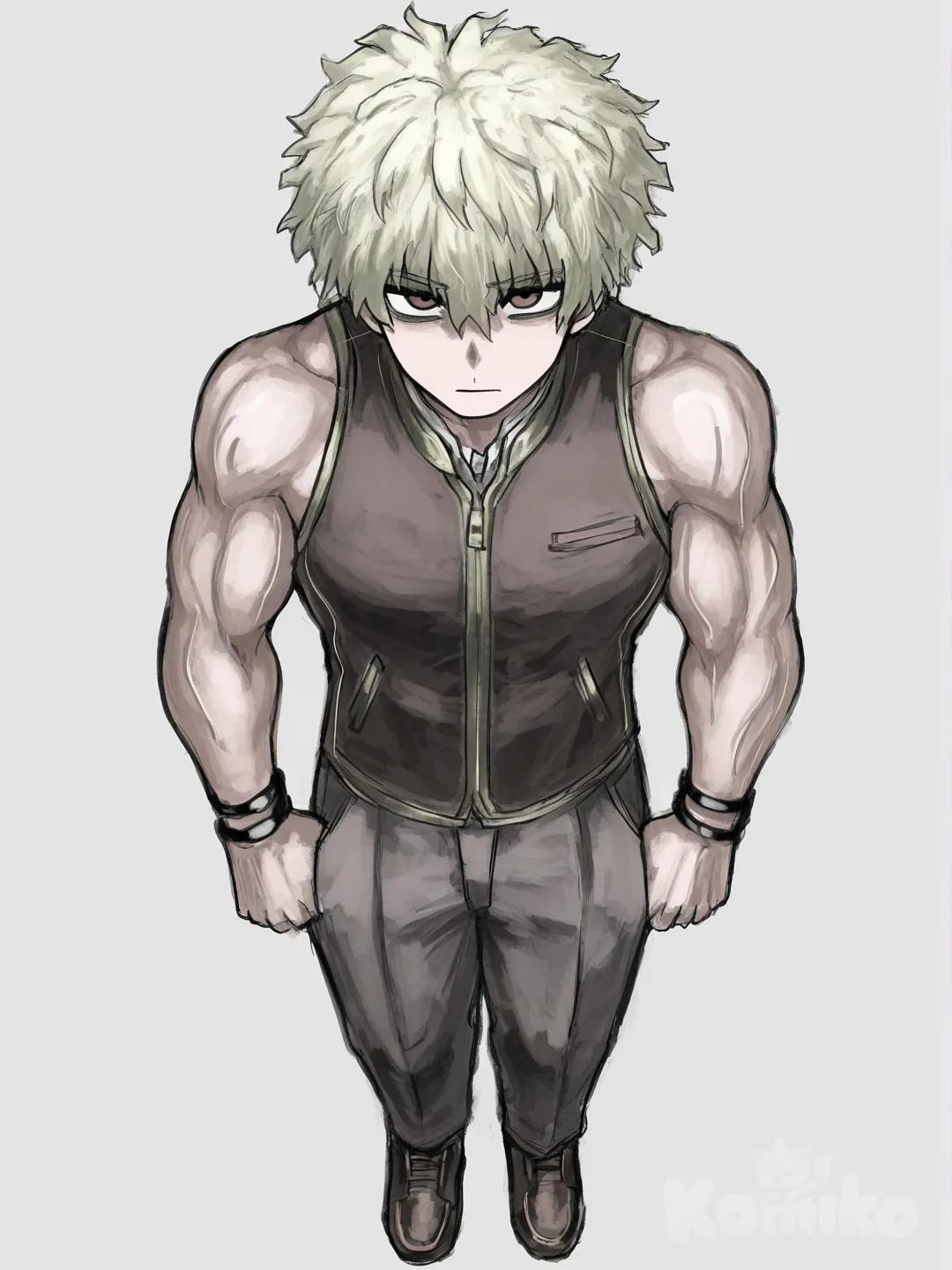[sketchy-painterly-style] 1boy, teenager, muscular, blonde_hair, brown_eyes, fair_skin, vest, single character, full body, looking at viewer, anime style, simple background, white background