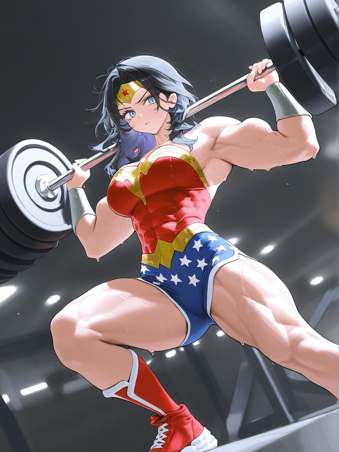 Женщина бодибилдер в костюме чудо-женщины тренируется в тренажерном зале, [vibrant-anime-style]