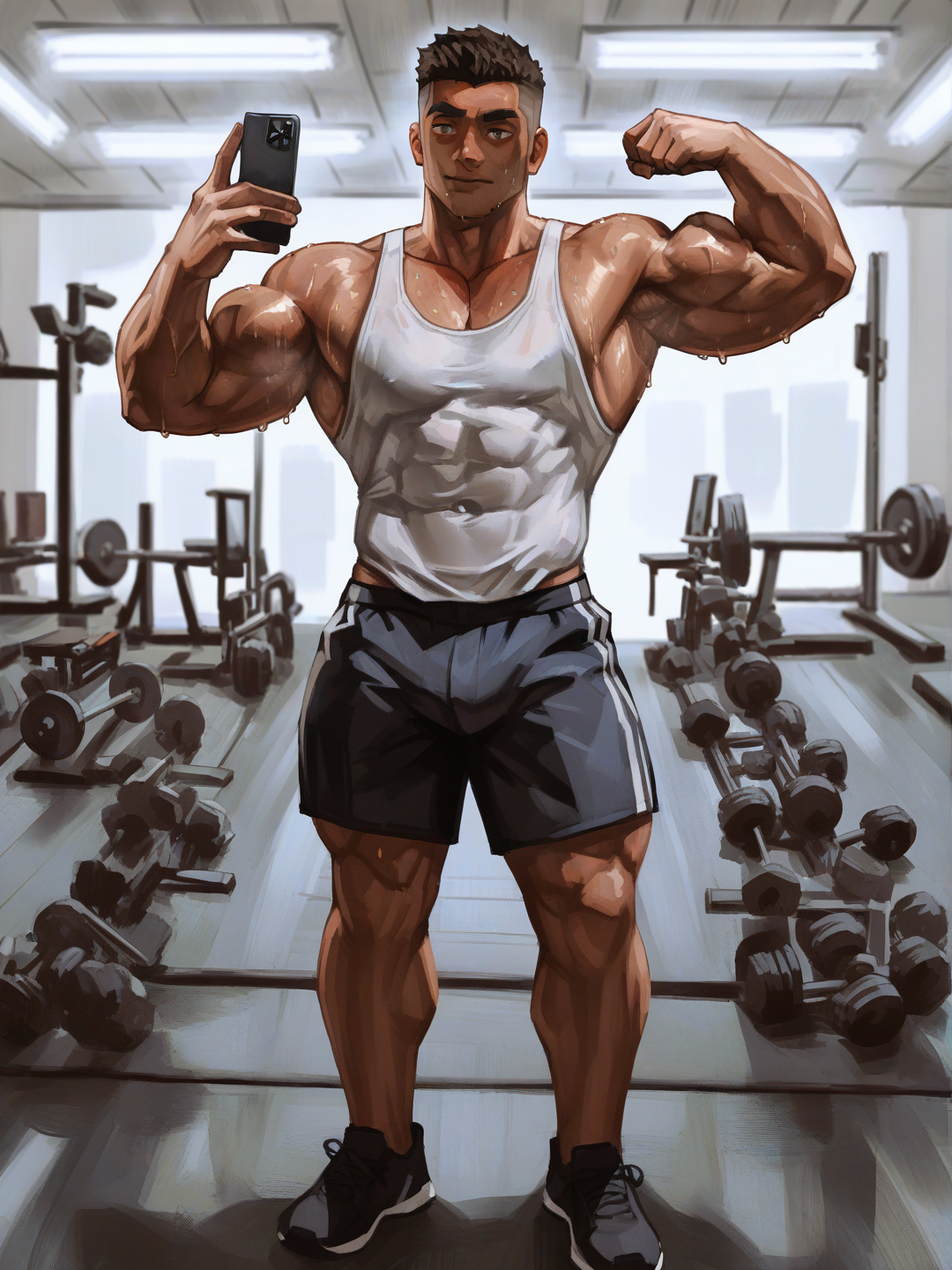 Бодибилдинг. Фитнес модель. Men’s physique делает селфи в зеркале в тренажерном зале.
[radiant-coating-style]