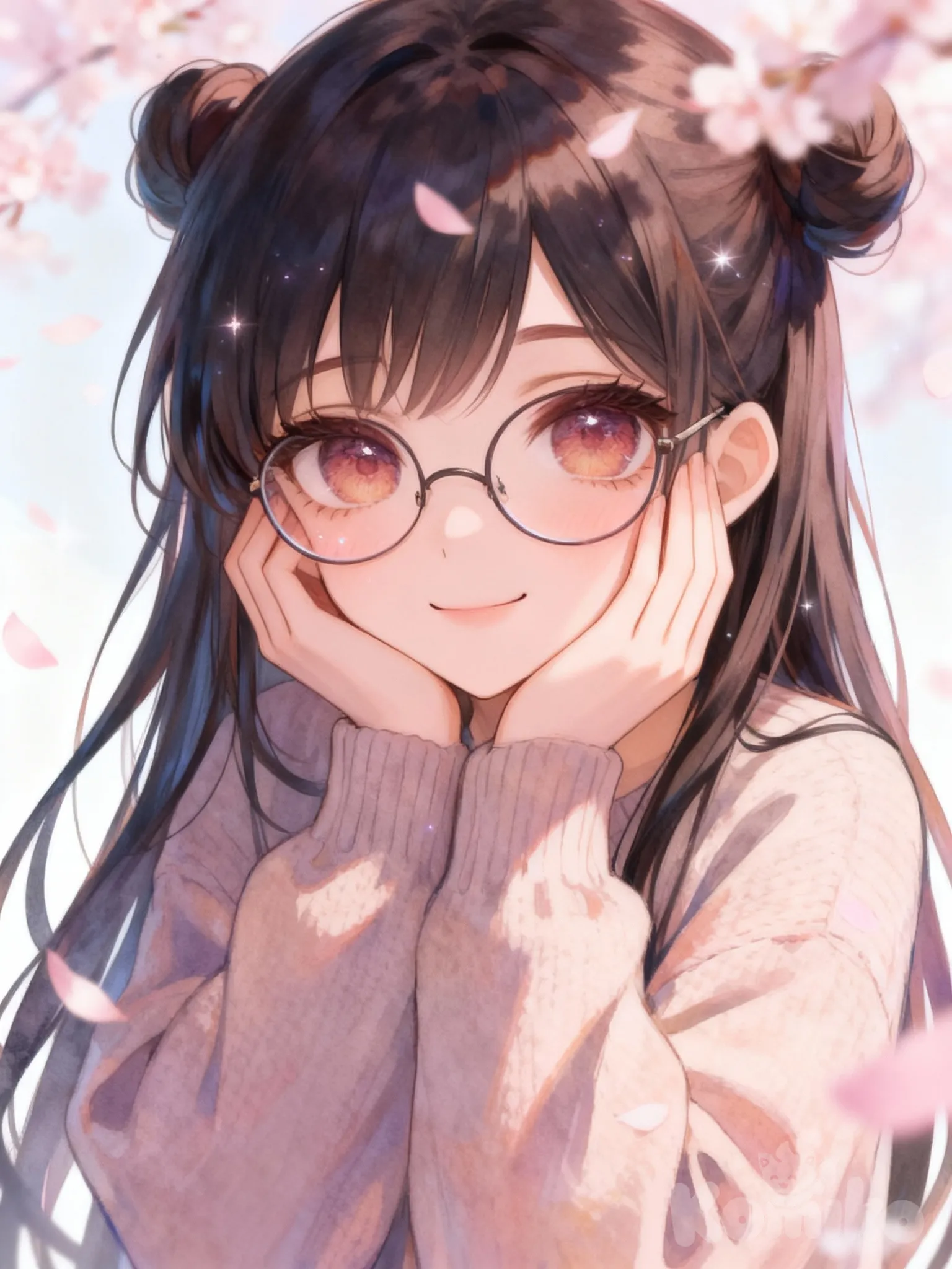 @hong-yan-UnQ9,anime style portrait of a cute young girl with long dark hair, twin buns hairstyle, round glasses, cozy sweater, hands gently holding cheeks, soft cherry blossom background, dreamy pastel lighting, hair strands, expressive anime eyes, subtle sparkles, watercolor anime style, cinematic softness, high detail, smooth shading, warm color palette