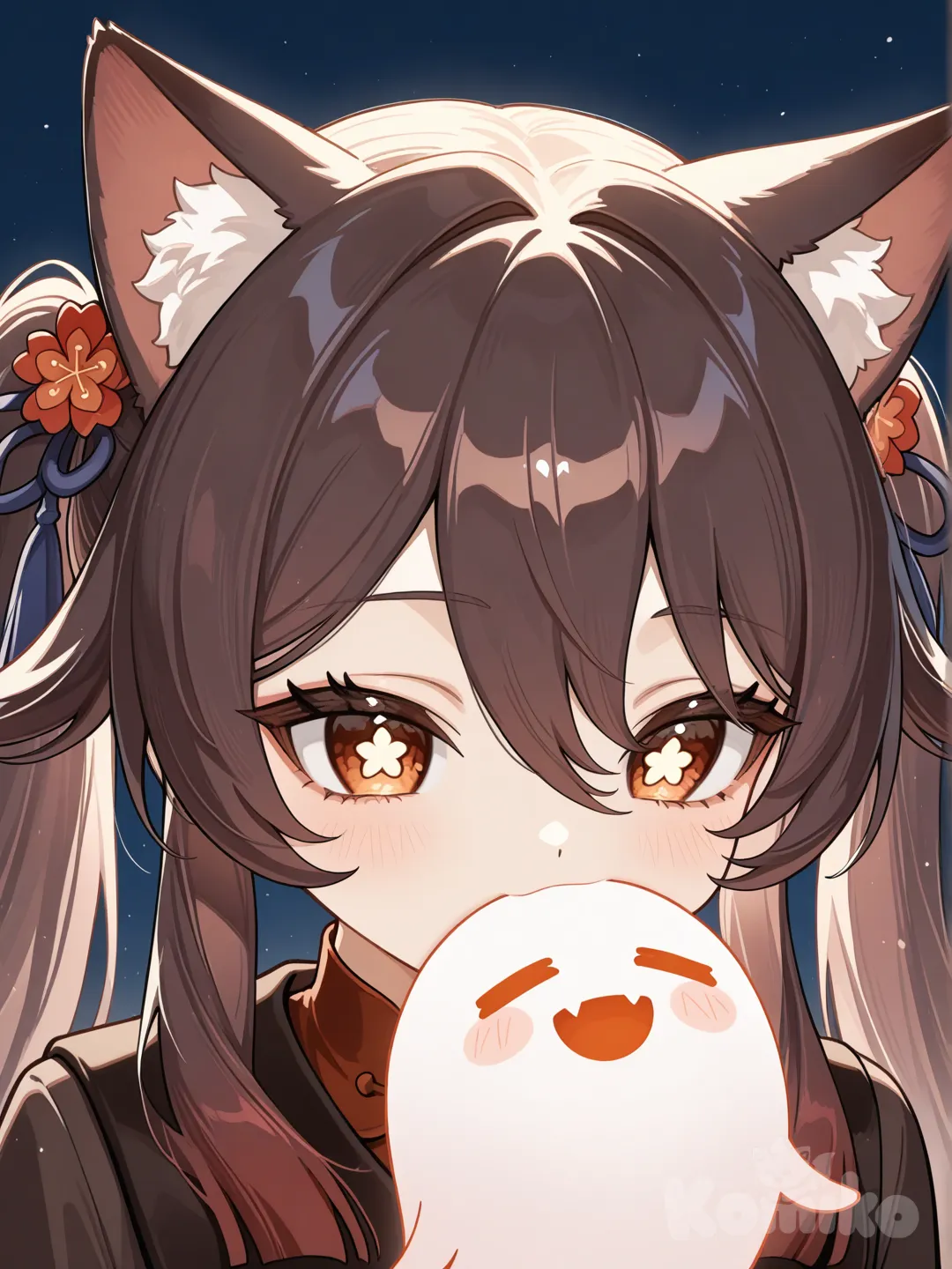 anime girl, beautiful face, @Boo_Tao_(Genshin_Impact), cat ears, twin tails