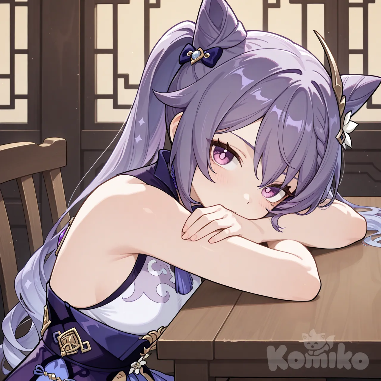 @Keqing_(Genshin_Impact), sitting on chair, behind table, hands on table, bare shoulders, bare arms, look at viewer, pupils, from side