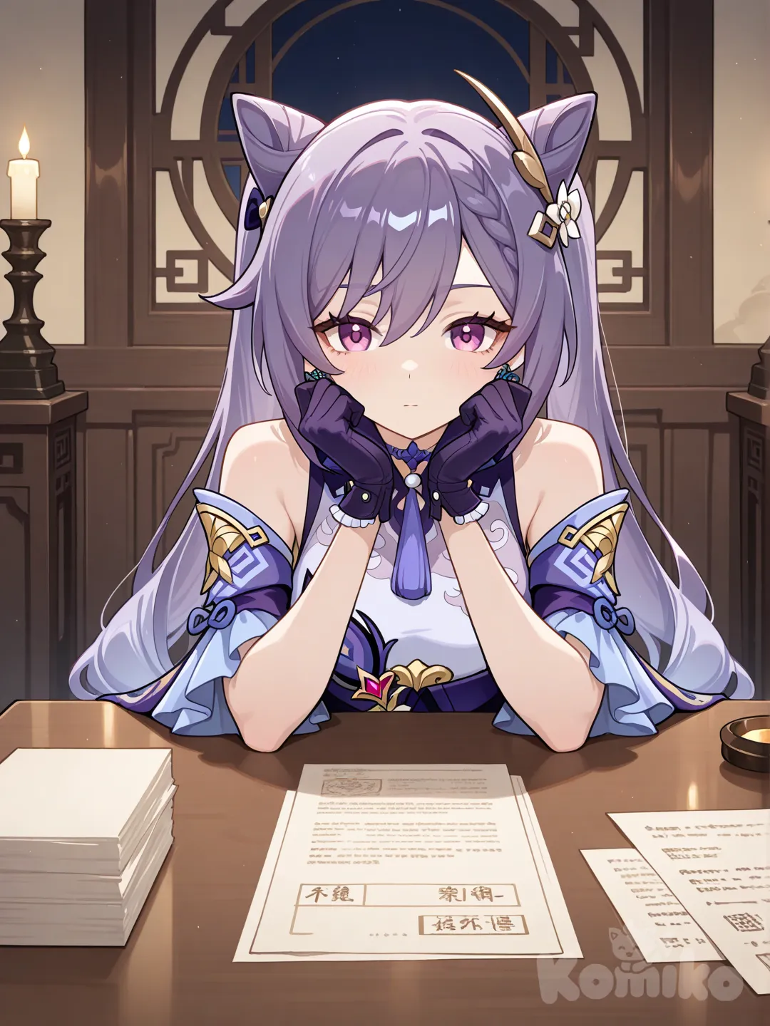 @Keqing_(Genshin_Impact), indoor, sitting, candle light, bare shoulders, gloves, look at viewer, hand resting on table, papers on table, facing viewer