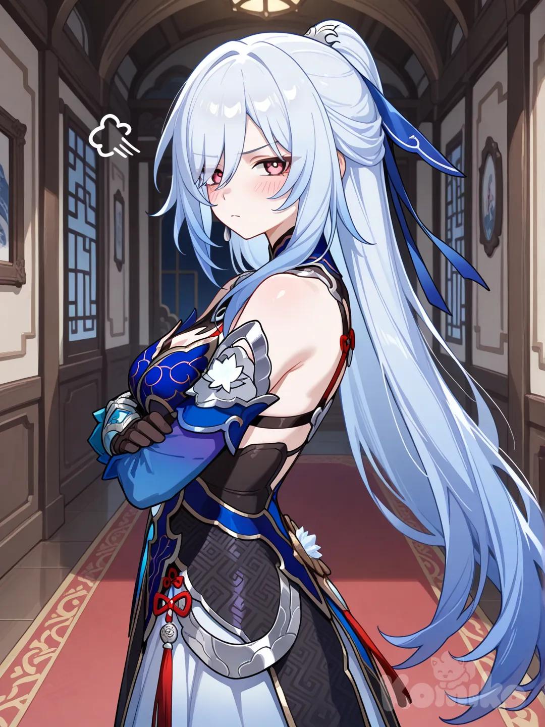 @Jingliu_(Honkai:Star_Rail), stand, waiting, folded arms, bare shoulders, look at viewer, from side, pupils, indoors, blush, annoyed