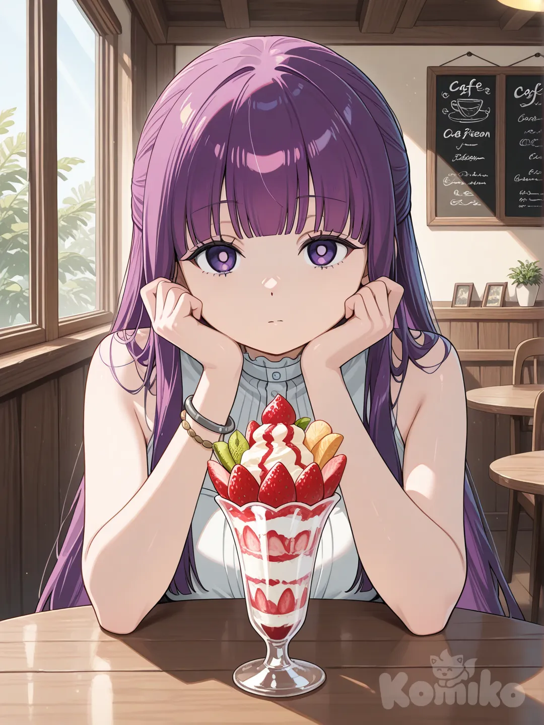 @Fern_(Sousou_No_Frieren), in cafe, bare shoulders, sleeveless dress, look at viewer, behind table, sitting, hands on table, parfait on table, single bracelet, straight-on