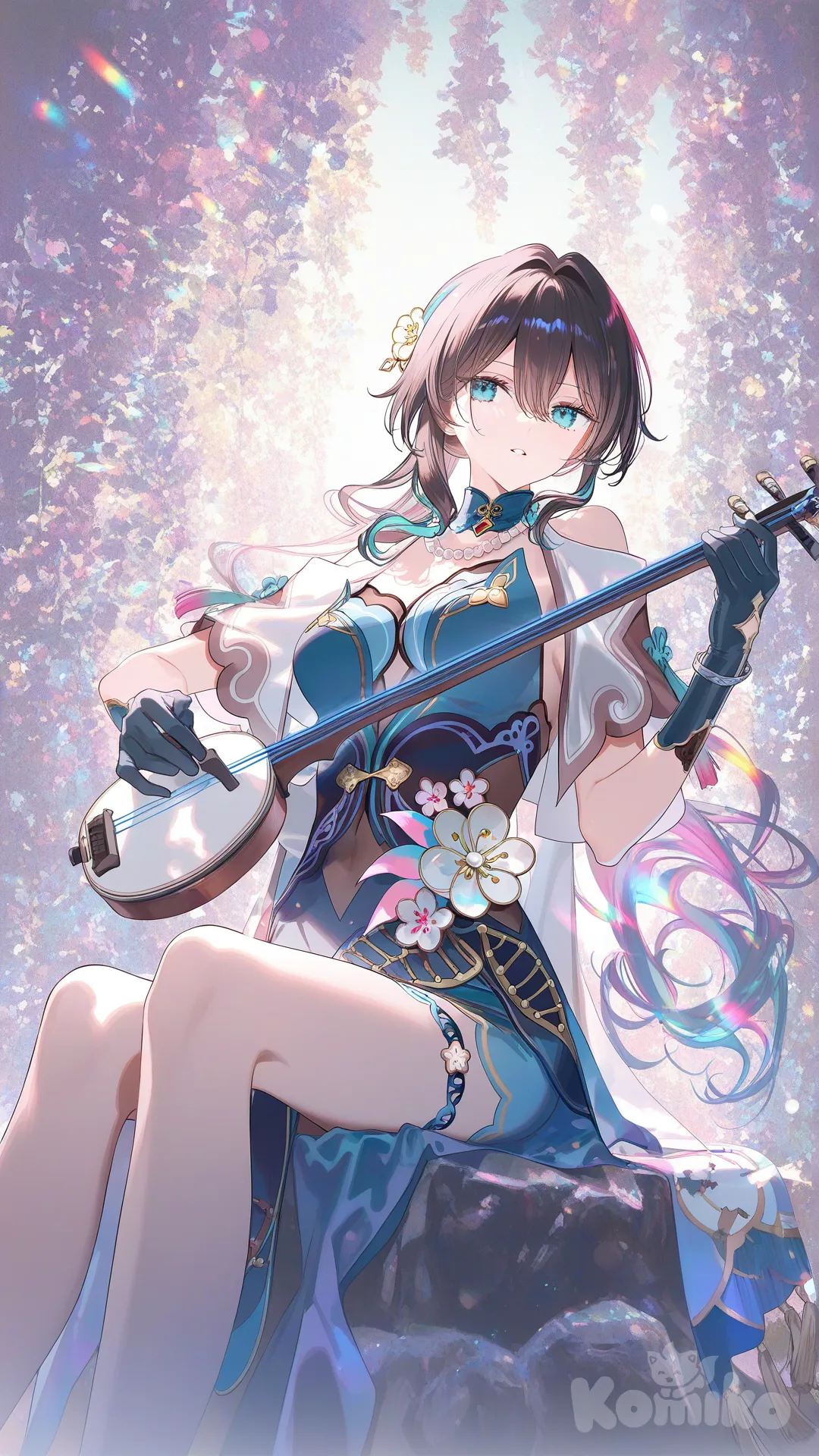@Ruan_Mei_(Honkai:Star_Rail), sitting, play shamisen, look at the shamisen, in garden, sitting on a stone, pupils, off shoulder, [iridescent-style]