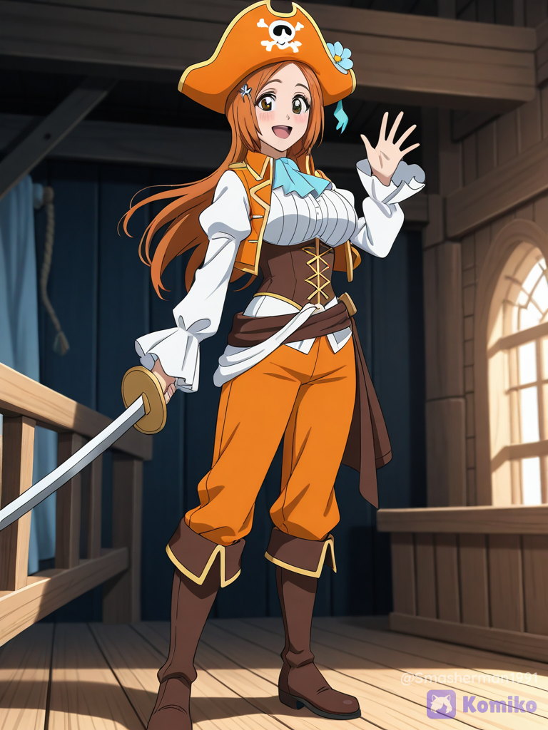 @Inoue_Orihime,orange pirate outfit,orange pirate pants, pirate hat, pirate boots, long sleeves, smile, pirate sword,pirate ship, anime screencap, anime coloring