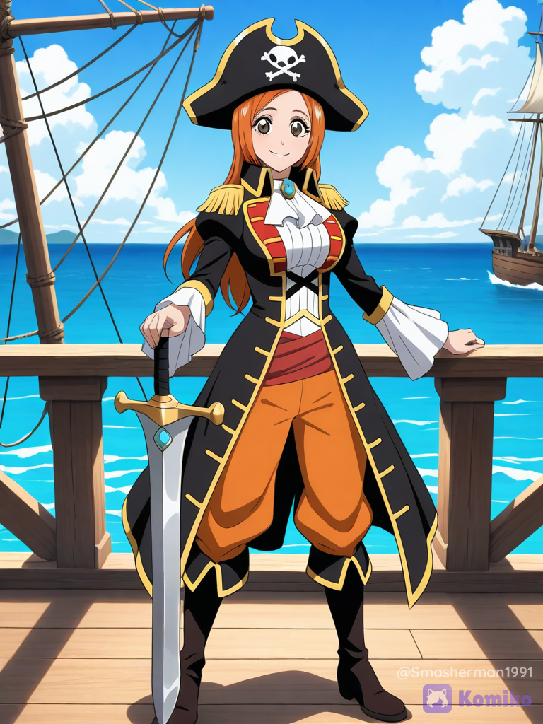 @Inoue_Orihime,orange pirate outfit,orange pirate pants, pirate hat, pirate boots, long sleeves, smile, pirate sword,pirate ship, anime screencap, anime coloring