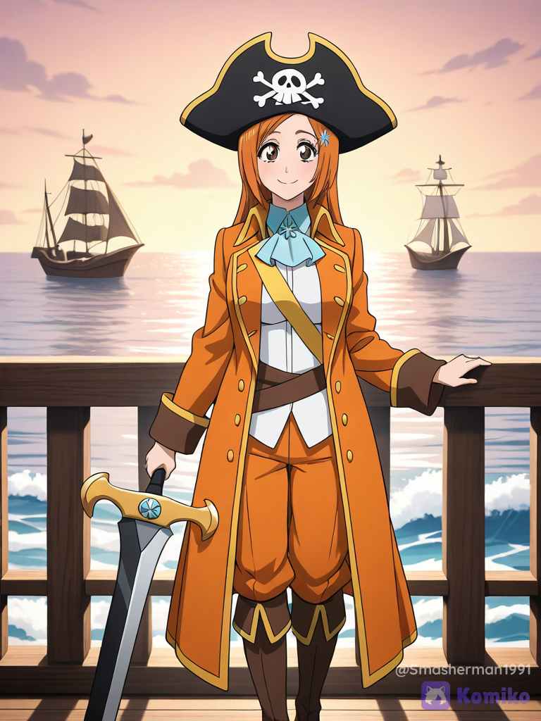 @Inoue_Orihime,orange pirate outfit, orange pirate coat,orange pirate pants, pirate hat, pirate boots, long sleeves, smile, pirate sword,pirate ship, anime screencap, anime coloring