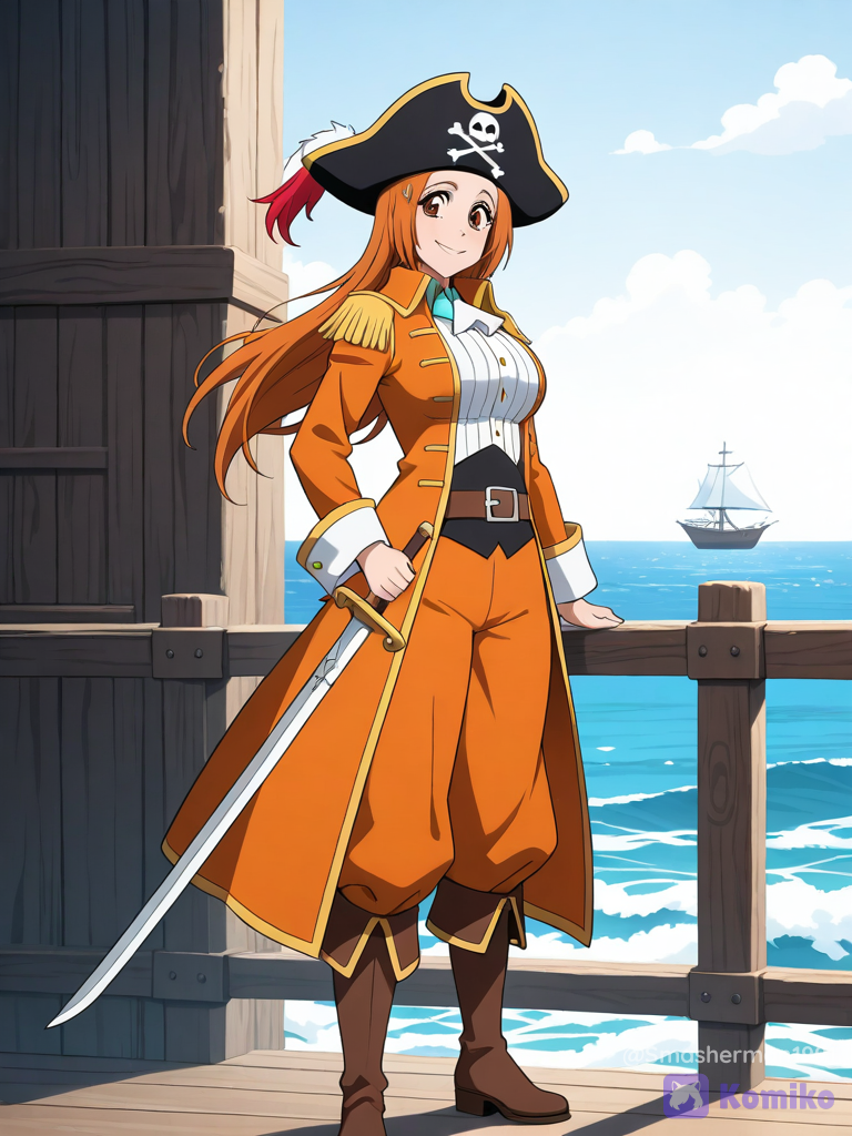 @Inoue_Orihime,orange pirate outfit, orange pirate coat,orange pirate pants, pirate hat, pirate boots, long sleeves, smile, pirate sword,pirate ship, anime screencap, anime coloring