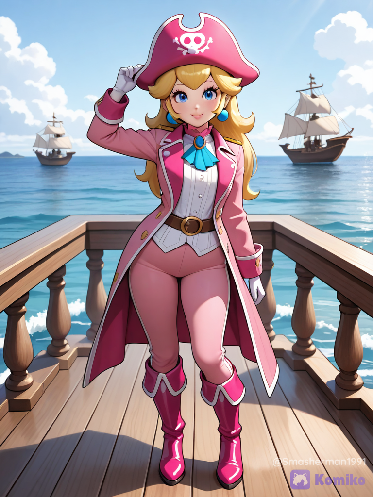 @Princess_Peach,pink pirate coat,pink pirate pants,pink pirate boots,pink pirate hat,pirate ship,belt, white gloves