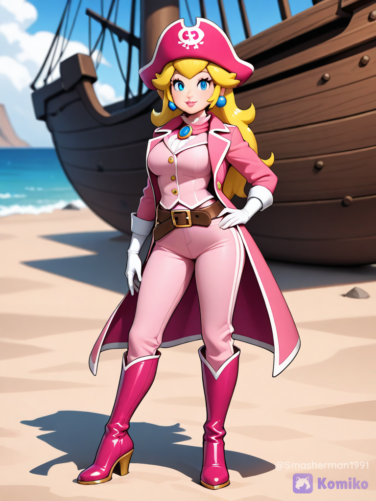 @Princess_Peach,pink pirate coat,pink pirate pants,pink pirate boots,pink pirate hat,pirate ship,belt, white gloves, super princess peach art style