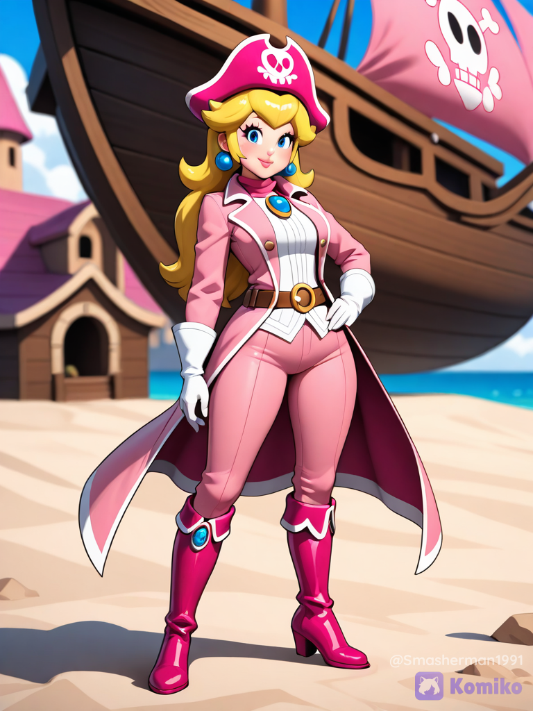 @Princess_Peach,pink pirate coat,pink pirate pants,pink pirate boots,pink pirate hat,pirate ship,belt, white gloves, super princess peach art style, 1girl