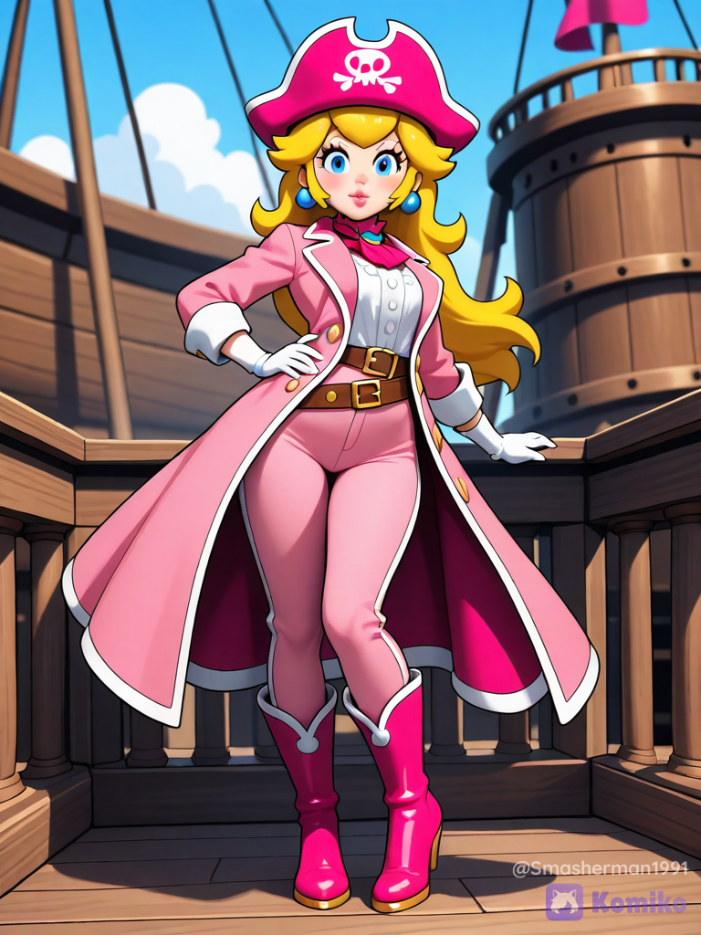 @Princess_Peach,pink pirate coat,pink pirate pants,pink pirate boots,pink pirate hat,pirate ship,belt, white gloves, super princess peach art style, 1girl
