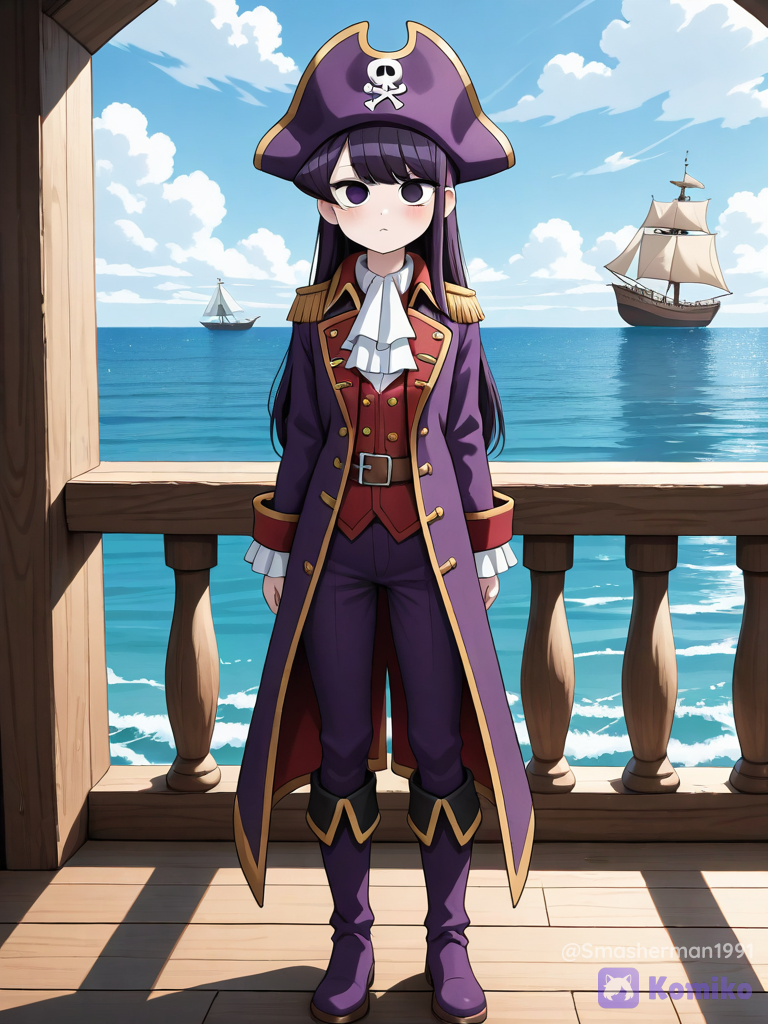 @shoko-komi-GO4V, komi-san wa komyushou desu, purple pirate hat, purple pirate uniform, purple pirate pants, purple pirate boots, pirate shirt, long sleeves, standing, anime screenshot, anime coloring,pirate ship