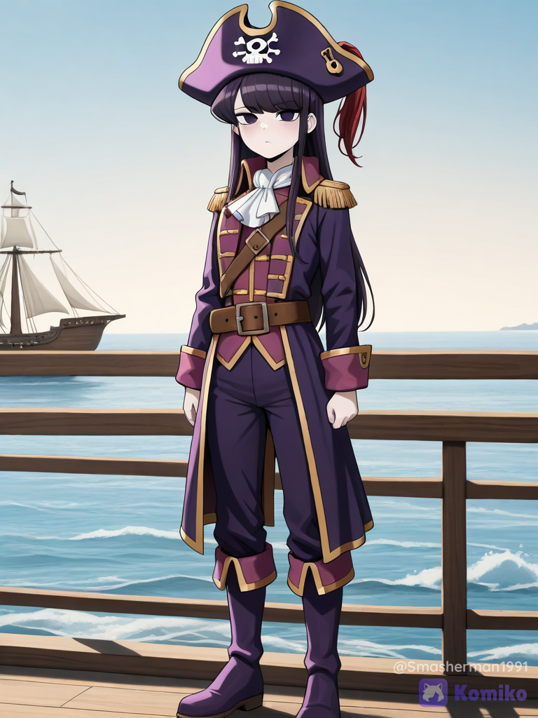 @shoko-komi-GO4V, komi-san wa komyushou desu, purple pirate hat, purple pirate uniform, purple pirate pants, purple pirate boots, pirate shirt, long sleeves, standing, anime screenshot, anime coloring,pirate ship