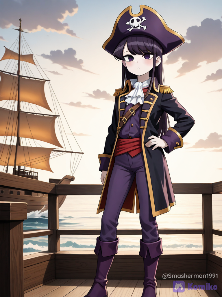 @shoko-komi-GO4V, komi-san wa komyushou desu, purple pirate hat, purple pirate uniform, purple pirate pants, purple pirate boots, pirate shirt, long sleeves, standing, anime screenshot, anime coloring,pirate ship