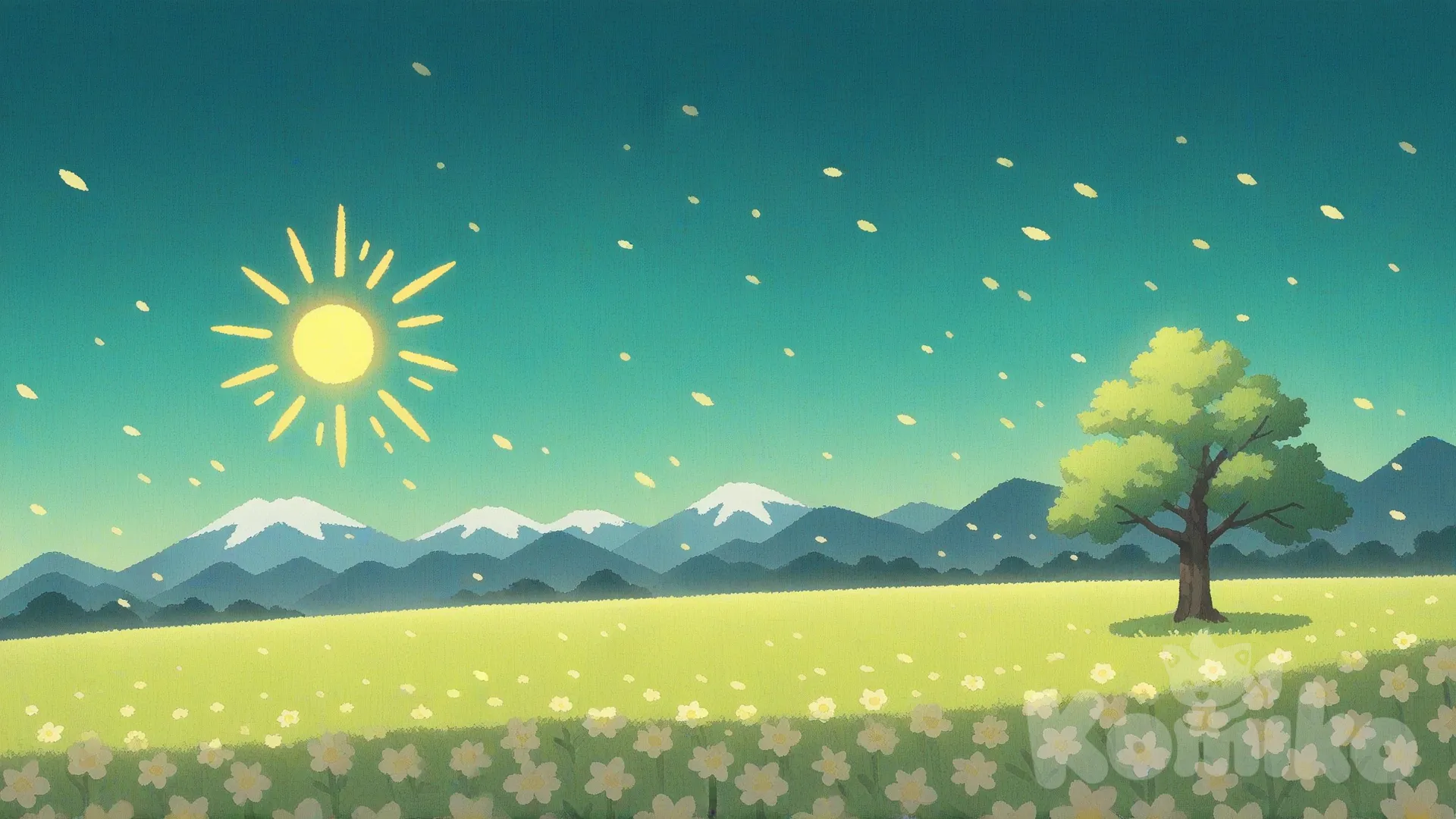 mountain , tree, sun, spring, [thick-outline-style]