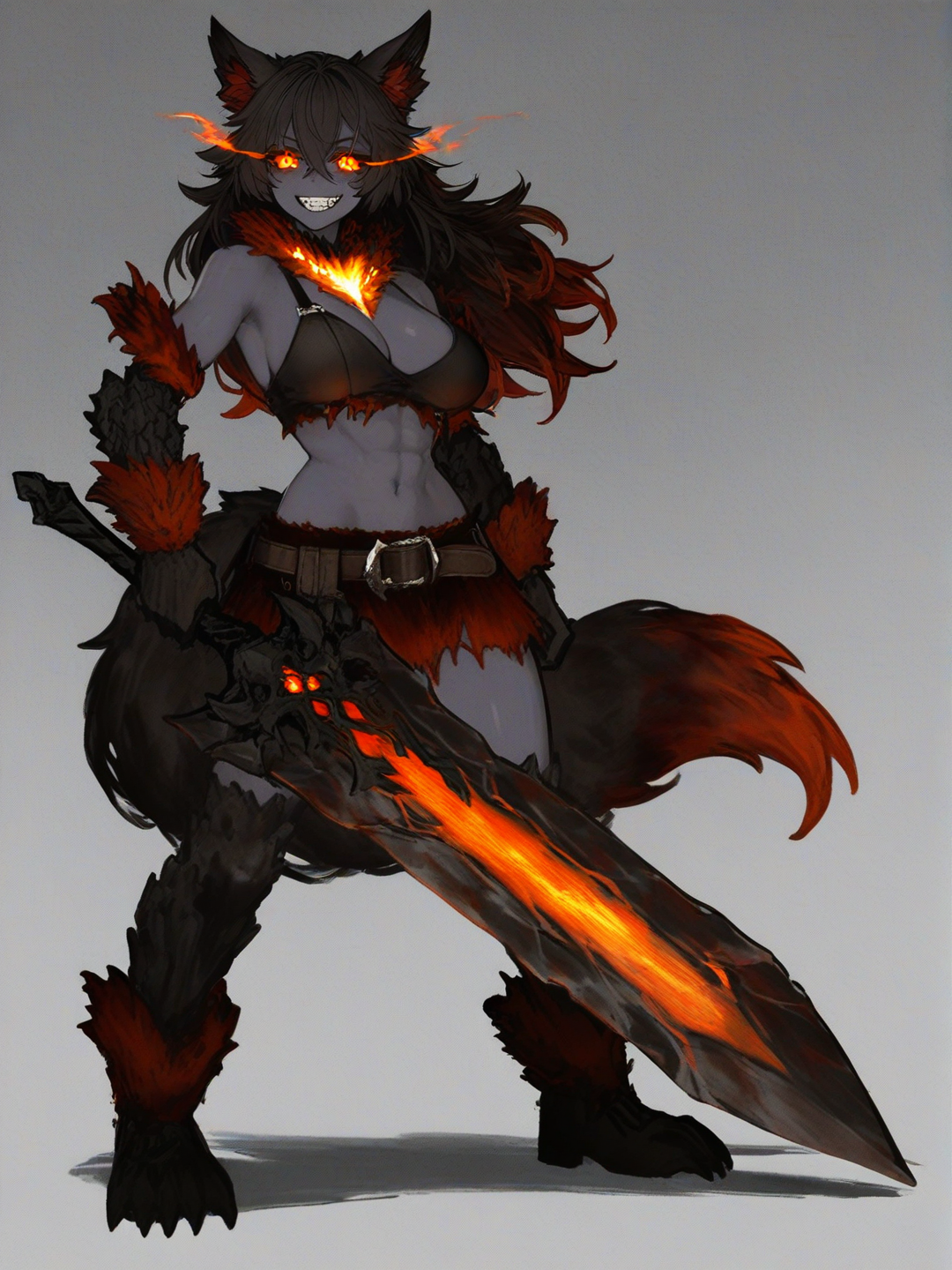 [semi-realistic-portrait-style], hellhound, monster girl encyclopedia, full body, coal skin color, standing, holding a giant sword, glowing eyes, crazy eyes, smile