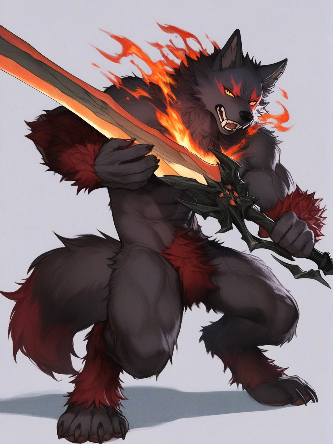 1men, Hellhounds, muscular fur male, monster girl encyclopedia, holding a giant sword, [semi-realistic-portrait-style]