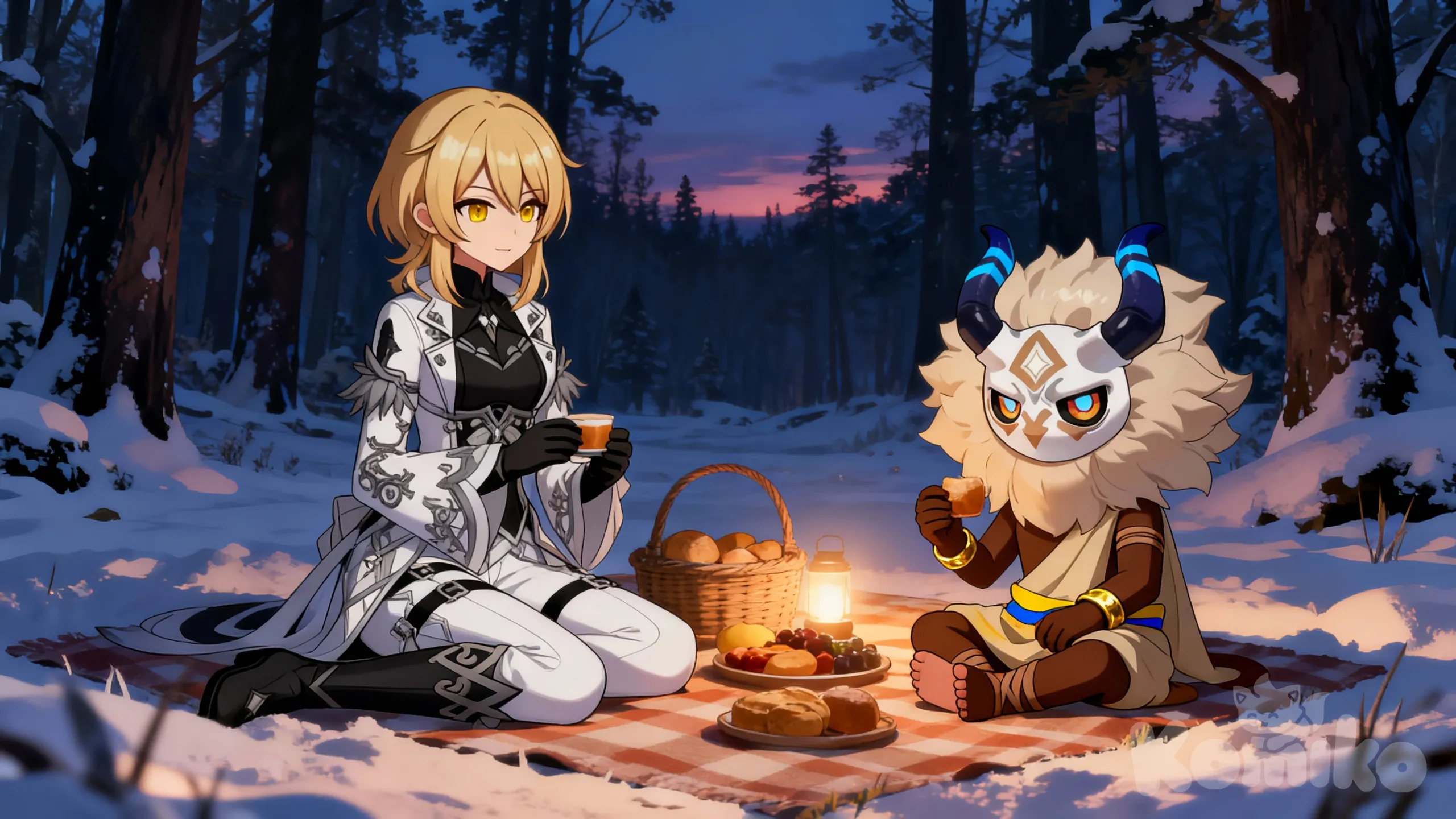 @alexis-ouvl, @Hilichurl_(Genshin_Impact), picnic, medium long shot, ambient light, twilight, forest, snowy