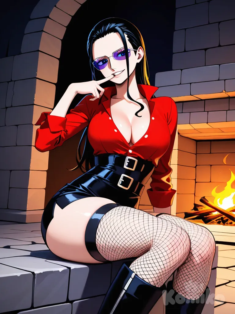 Nico Robin from the anime One Piece. with long hair. combed back. medium size breasts. medium size butt. wearing a black leather skirt. wearing a long-sleeved red button-down shirt, showing the top part of her breasts, also wearing a black corset, fishnet stockings, high boots. Wearing glasses with purple lenses. Sitting next to a bonfire inside a castle hall. with a naughty expression. with a finger in his mouth.