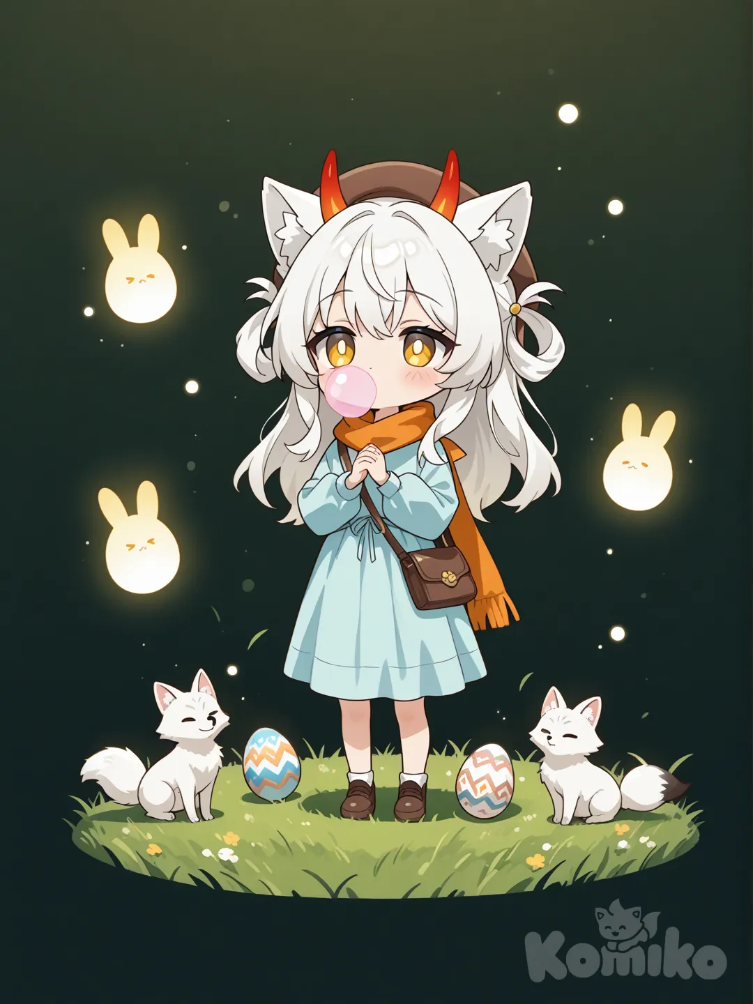 这是一张可爱风格的动漫角色插画，主角是一个白毛猫耳小女孩（疑似带有狐狸/狼特征），戴着棕色贝雷帽和红色牛角，穿着宽松的橙色围巾和浅蓝灰色衣服。
她正站在草地上，用双手向前方吹出一堆发光的白色圆形光环/泡泡，表情呆萌可爱。
背景有绿色草地和小小的黄色小人剪影，右下角还有一张小狐狸吹泡泡的彩蛋小图。整体氛围温暖又梦幻。