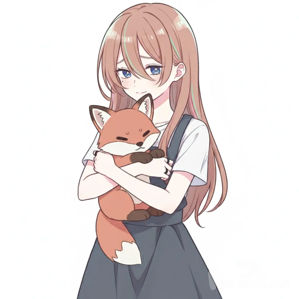 A 16-year-old girl,full body shot, wearing a pinafore dress with a white t-shirt underneath. She is hugging a fox plushie tightly. Her hair is long, straight, russet (light brown), and slightly below shoulder length, flowing freely. The girl is looking down and to the side with a sad expression, a small, forced fake smile on her face. The art style is in the manner of picrew character maker, specifically mimicking the style of artist @ri_osa_mu. Soft pastel colors, gentle shading, minimalistic background, slightly muted palette, expressive and emotive eyes.