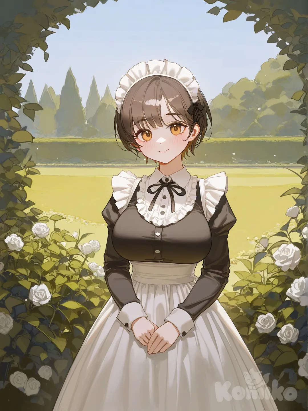1girl, side part, brown hair, brown eyes, maid, blush, very short hair, maid headdress, cowboy shot, smile, looking at viewer, standing, ambient light, day, garden, [lacquered-illustration-style], romantic, large breasts