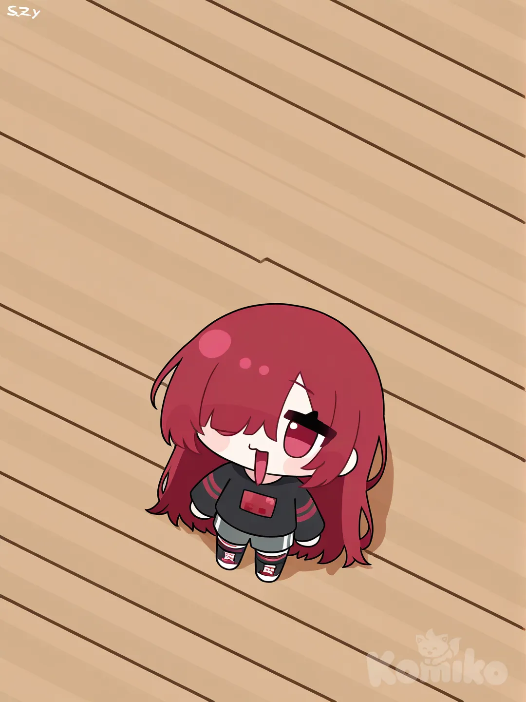 minecraft, black shirt, long sleeves, grey stripes in sleeves, dark grey shorts, black thighhighs with green stripes, black shoes, white laces, Minecraft skin, oc, red hair, long hair, parted bangs, bangs covering one eye, full body, 1girl, [uplook-style]