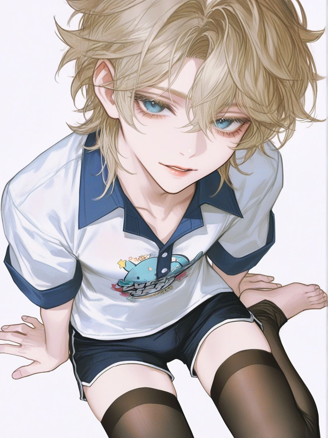 [semi-realistic-portrait-style] 1boy, blonde_hair, fluffy_hair, slim, femboy, short_sleeved_shirt, white_shirt, collared_shirt, blue_collar, blue_sleeves, shirt_print, text, shorts, short_shorts, tight_clothing, bright_clothes, black_thighhighs, see-through, barefoot, single_character, full_body, looking_at_viewer, anime_style, simple_background, white_background