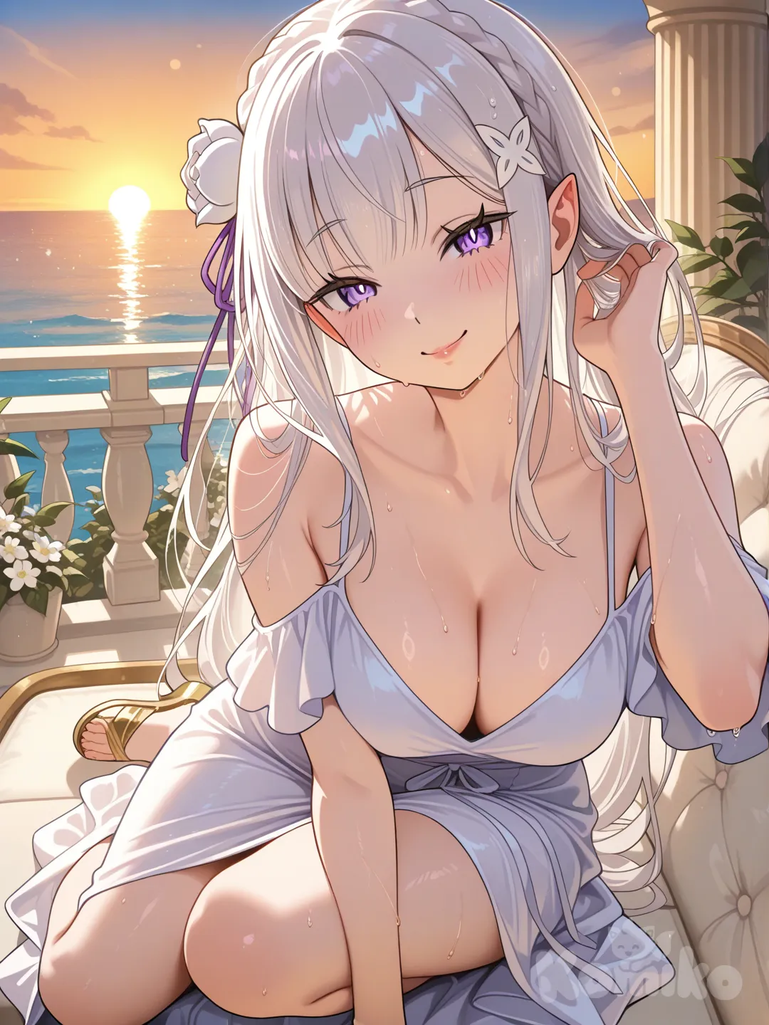 Pose: Sentada em uma chaise longue de vime branco, corpo relaxado inclinado para frente, mão direita penteando cabelos com dedos abertos, cabeça levemente tombada para o lado esquerdo expondo pescoço longo. Cenário: Varanda de villa mediterrânea ao pôr do sol, vista para mar azul calmo, flores brancas de jasmim ao fundo, brisa leve bagunçando cabelos. Roupas: Vestido branco algodão leve off-shoulder caindo nos ombros, comprimento midi fluido, sandálias rasteiras douradas. Câmera: Ângulo baixo 3/4 frontal elevado 20 graus, close-up no rosto e pescoço, profundidade de campo rasa destacando olhos e lábios. Detalhes: Luz dourada rimlight nos cabelos, gotas de suor sutil no decote, sorriso Mona Lisa safado., Emilia (Re:Zero)