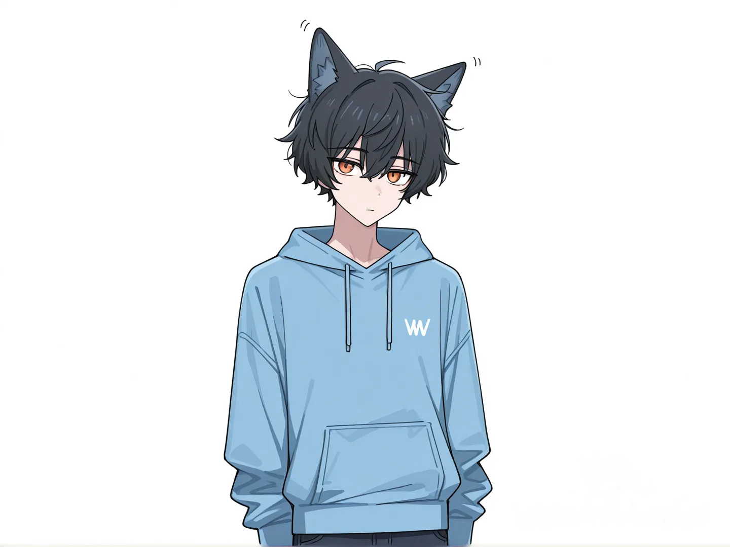 1 boy , short dark curly hair , blue hoodie , black jeans , standing , white background , upper body shot , honey color eyes , has blue wolf ears , expersationless , looking at the viewer, [toon-shaded-style] posing , amateur, hands are showen