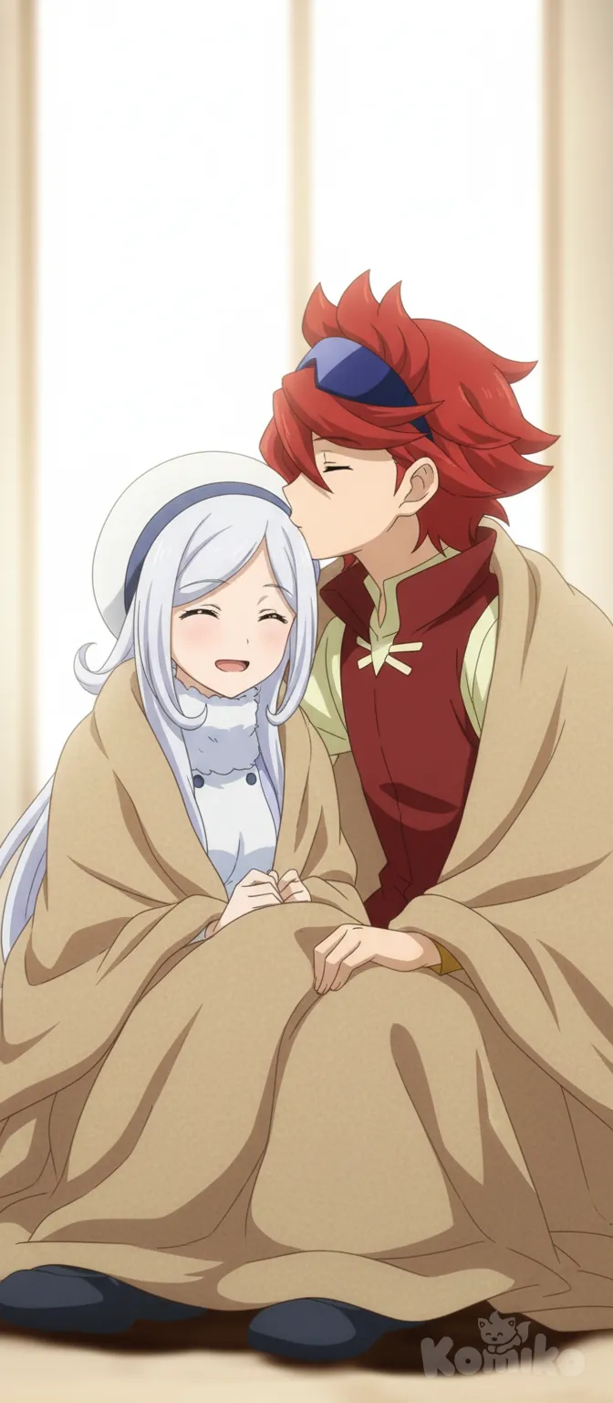 sitting close together under a beige blanket, cozy indoor atmosphere, the boy gently kissing the girl’s forehead, the girl smiling happily, warm lighting, soft romantic tone, simple white background, anime style, gentle expression, 1boy, 1girl, 2people