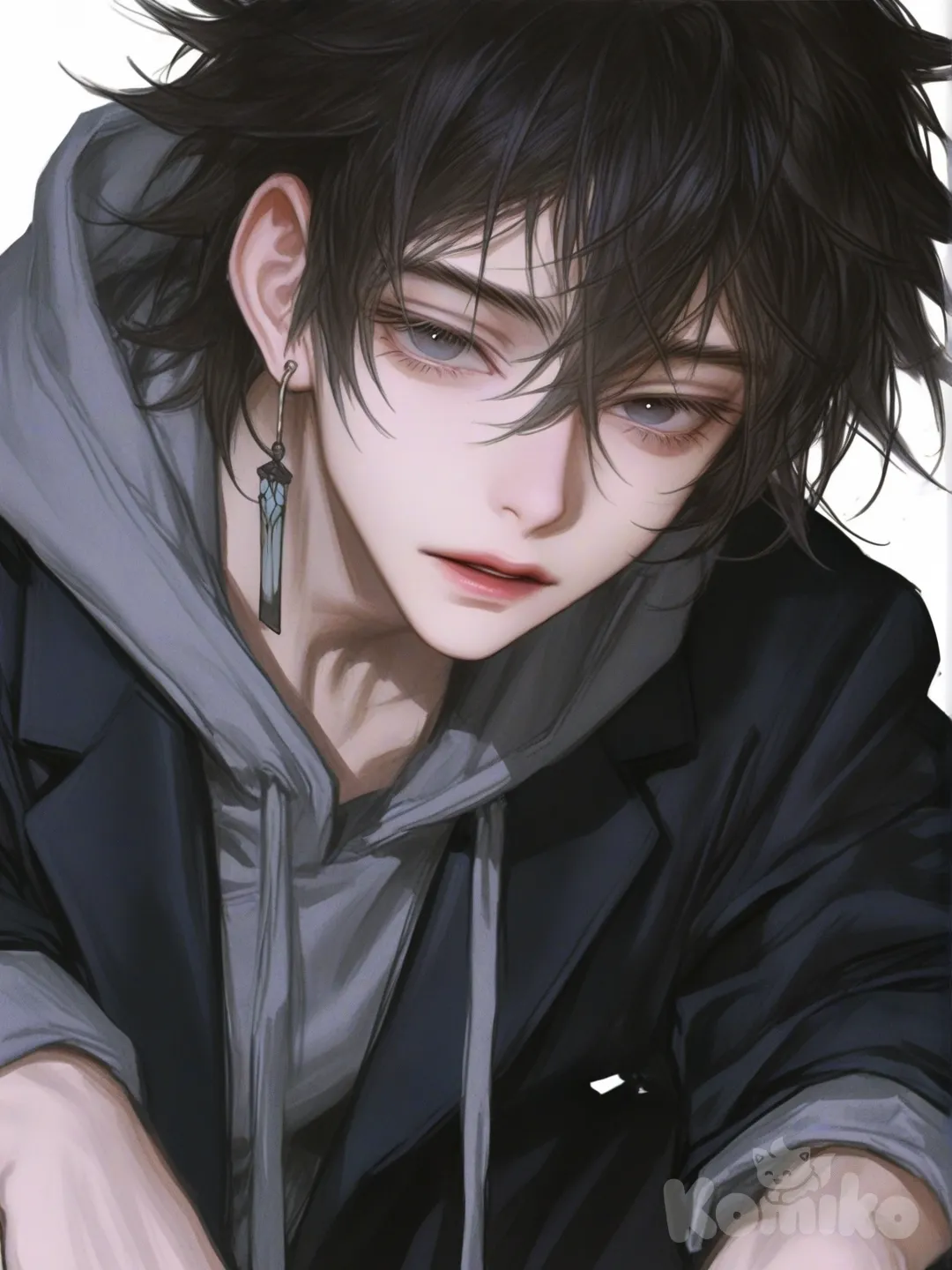 [semi-realistic-portrait-style] 1boy, realistic, demon_slayer_style, teenager, athletic, slim, tall, black_hair, short_hair, messy_hair, grey_eyes, dimple, fair_skin, hoodie, suit_pants, earring, blood_aura, dynamic_pose, epic_fight, airborne, single_character, full_body, looking_at_viewer, simple_background, white_background