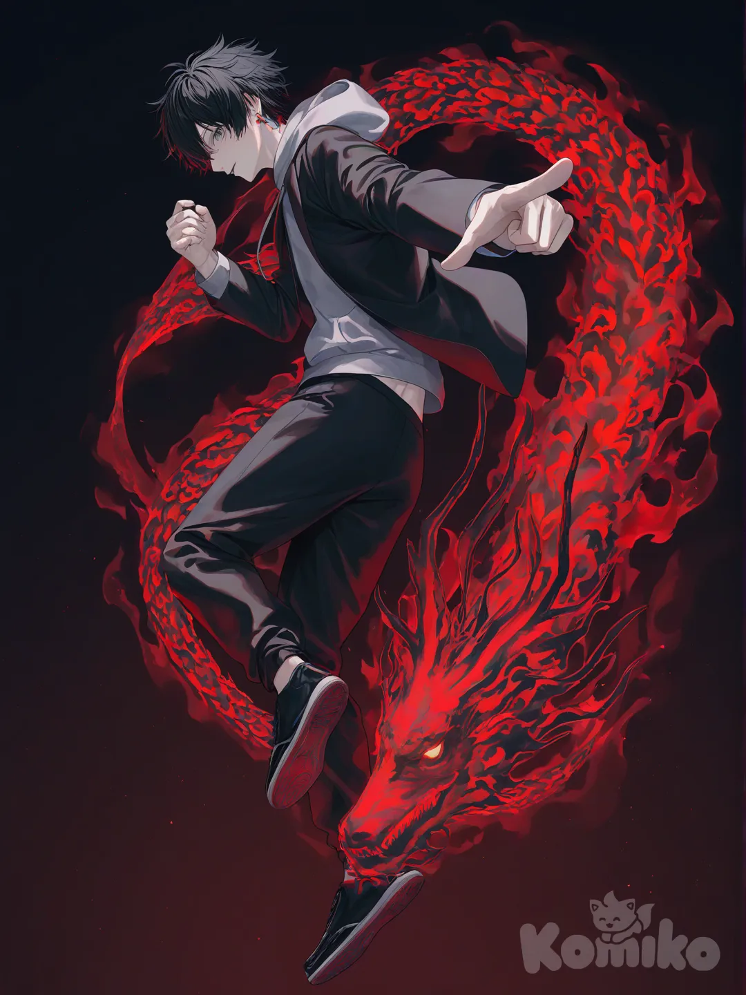 @kusagane-kabuto-b7pY, [high-contrast-glossy-style], pointing at viewer, depressed, full body, looking at viewer, side profile photo, depth of night, neon lights, black background,gradient background, a dragon form in red neon, standing