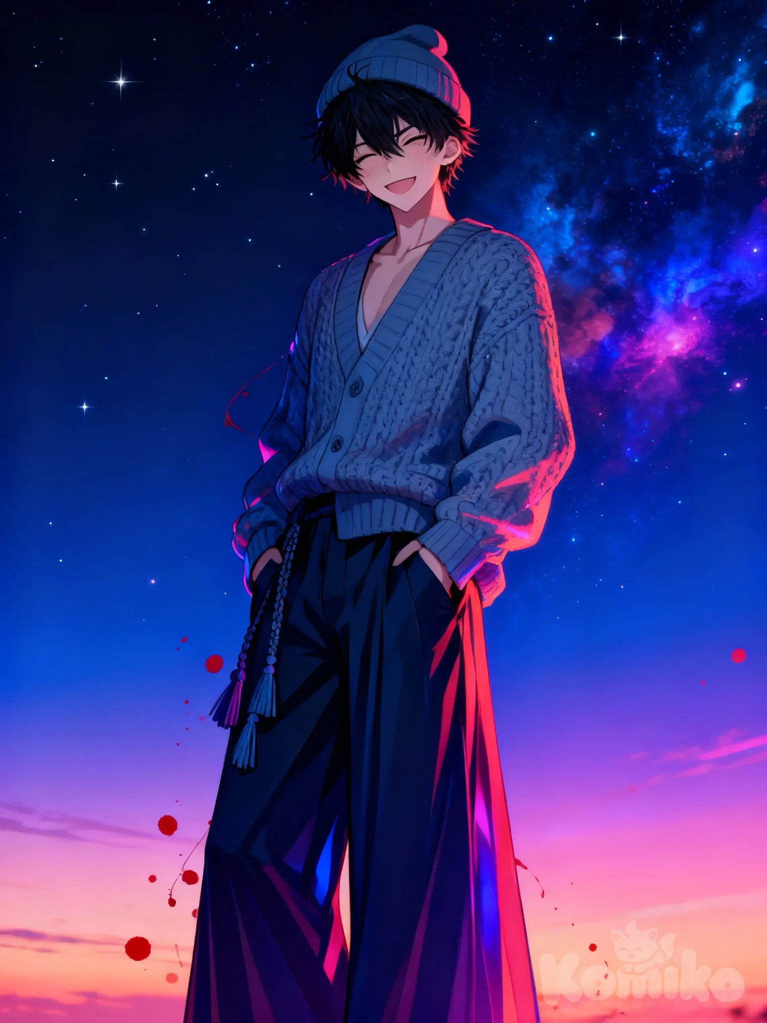 @kusagane-kabuto-b7pY, [high-contrast-glossy-style], hands in pockets, one eye closed, smile, knitted cardigan, wide-leg pants, tassels, beanie, looking at viewer, closeup, full body, neon lights, twilight, gradient background, starry sky, cosmic background