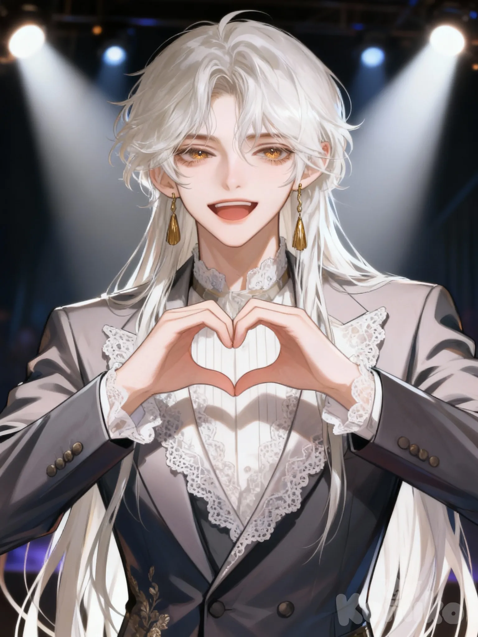 @lorian-voss-F0W0, [high-contrast-glossy-style], heart hands, smile, suit, lace, upper body, stage light
