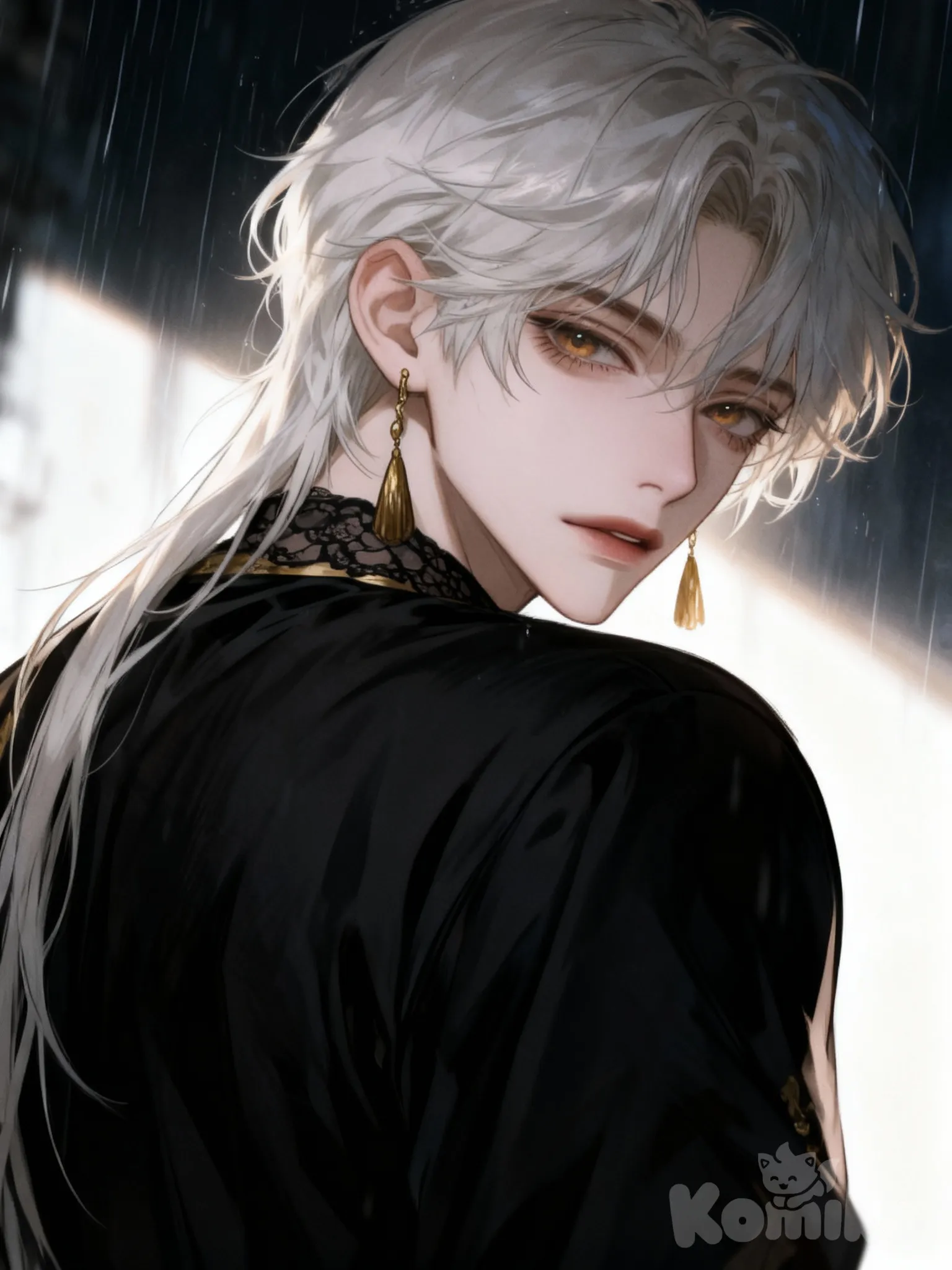 @lorian-voss-F0W0, [muscular-manhwa-style], looking back, upper body, rim light, rainy, depressed