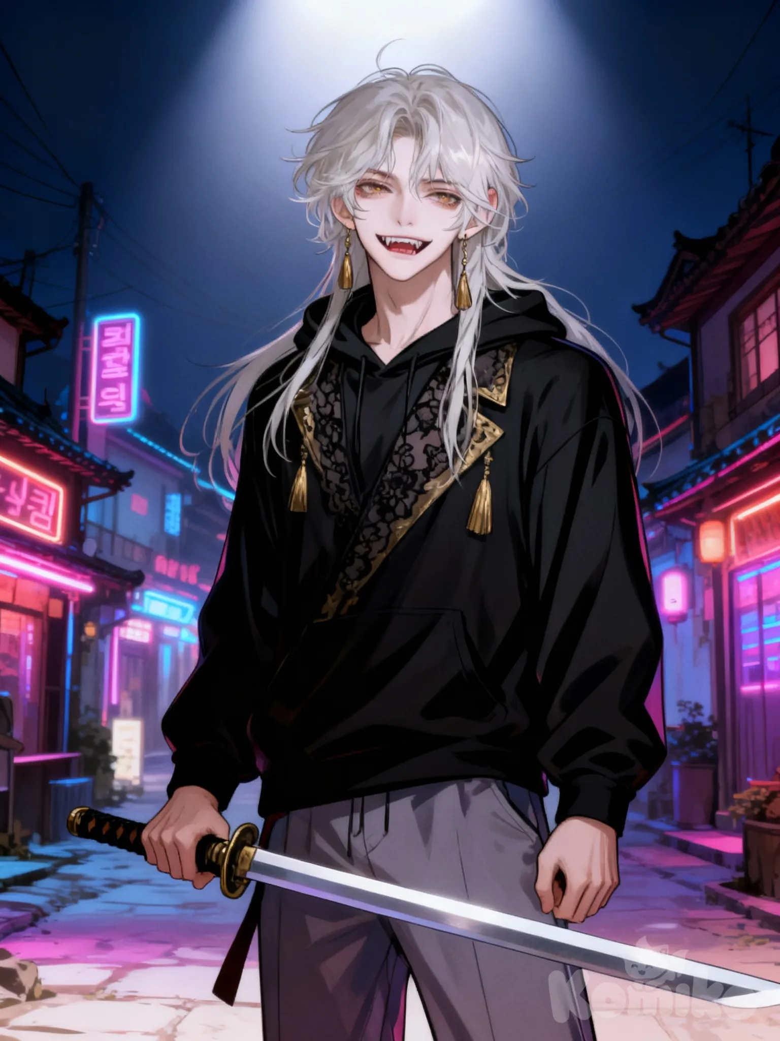 [muscular-manhwa-style], @lorian-voss-F0W0, holding sword, evil smile, hoodie, casual pants, neon lights, top light, village, upper body, medium long shot