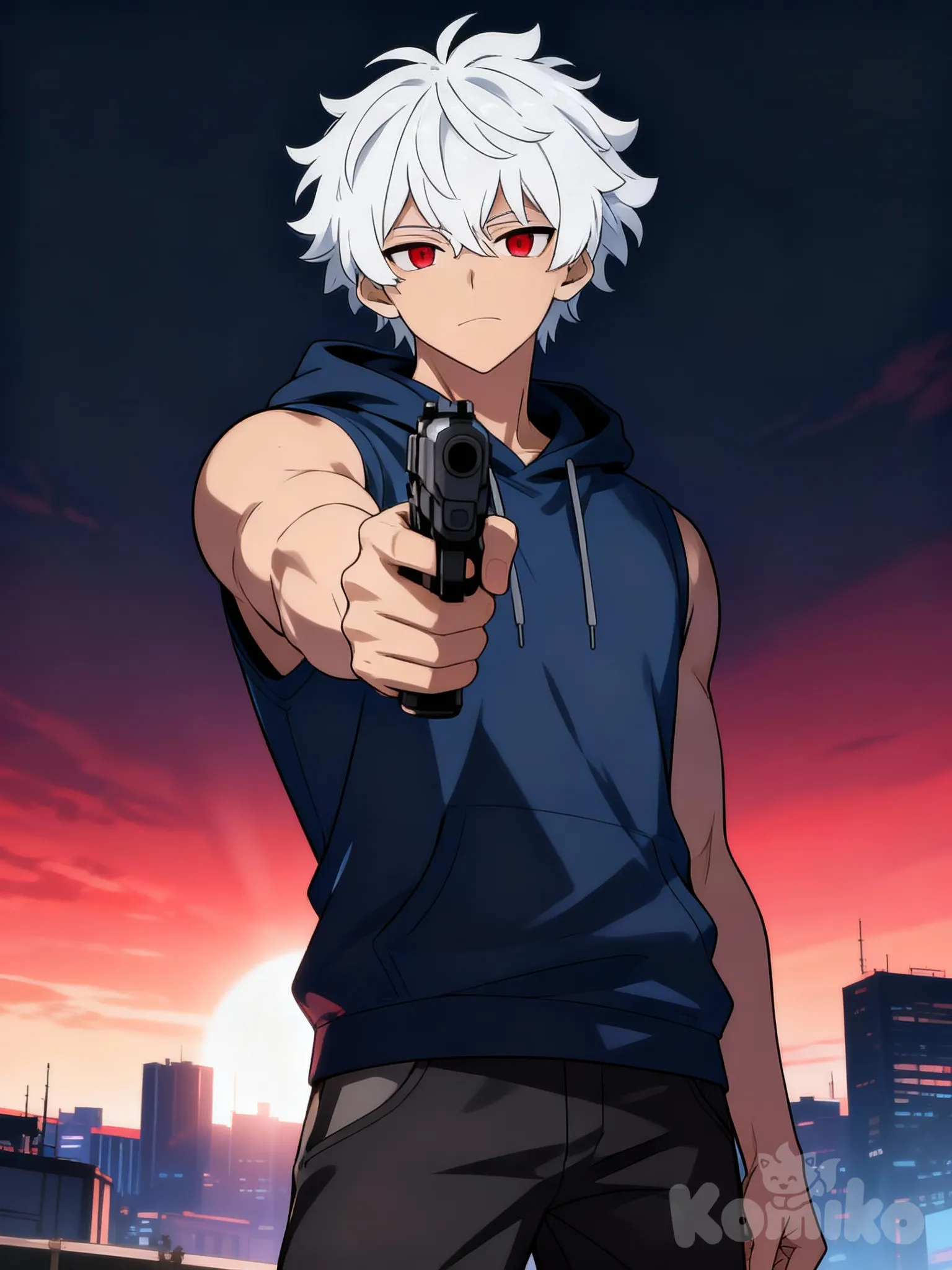 @riven-sylas-ecJl, [muscular-manhwa-style], holding gun, pointing at viewer, evil , expressionless, hoodie, casual pants, looking at viewer, upper body, wide shot, depth of backlight, cityscape, gradient background