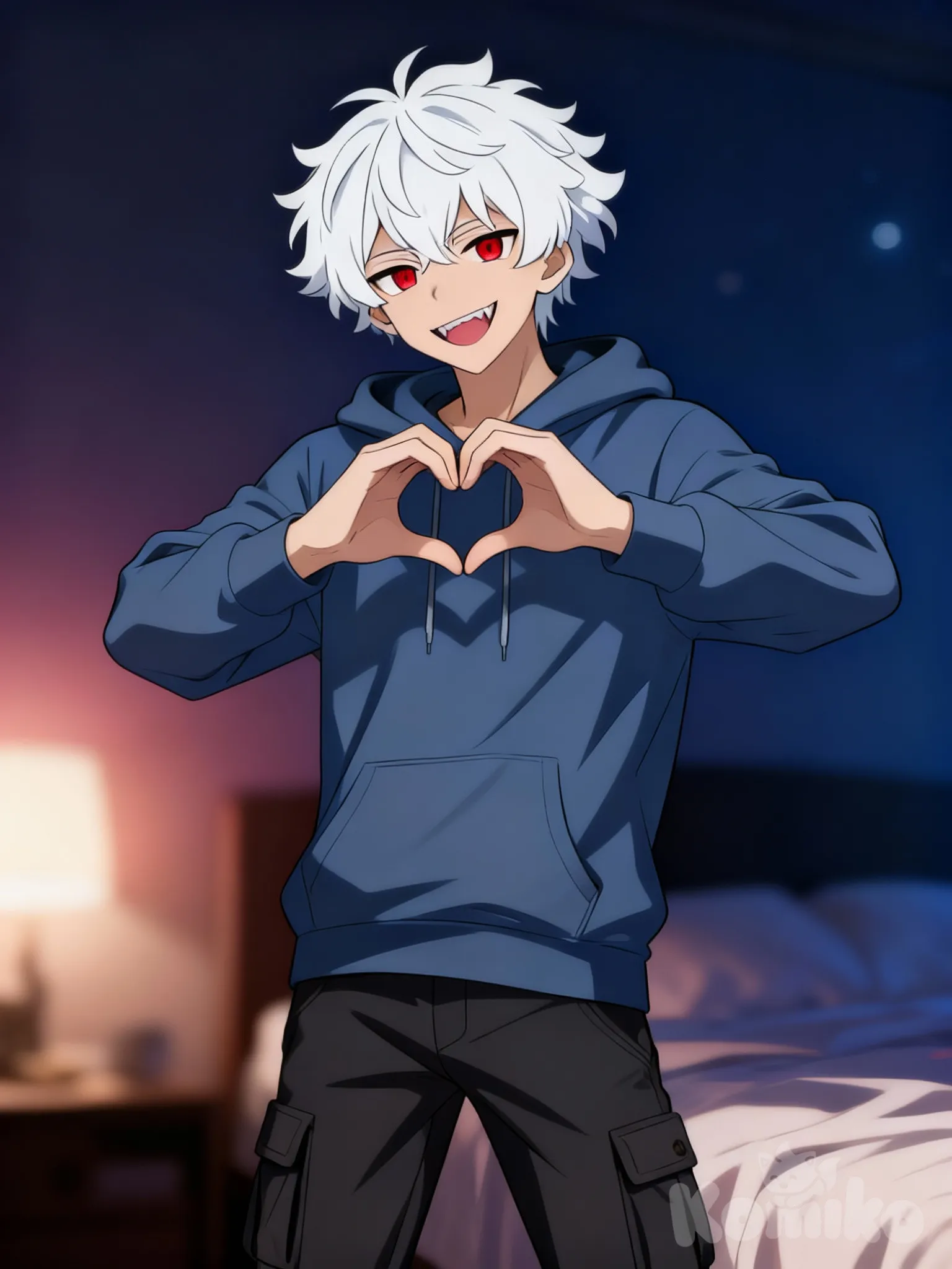 @riven-sylas-ecJl, [muscular-manhwa-style], portrait, evil smile, heart hands, blurred background, gradient background, night, ambient light, hoodie, cargo pants, bedroom