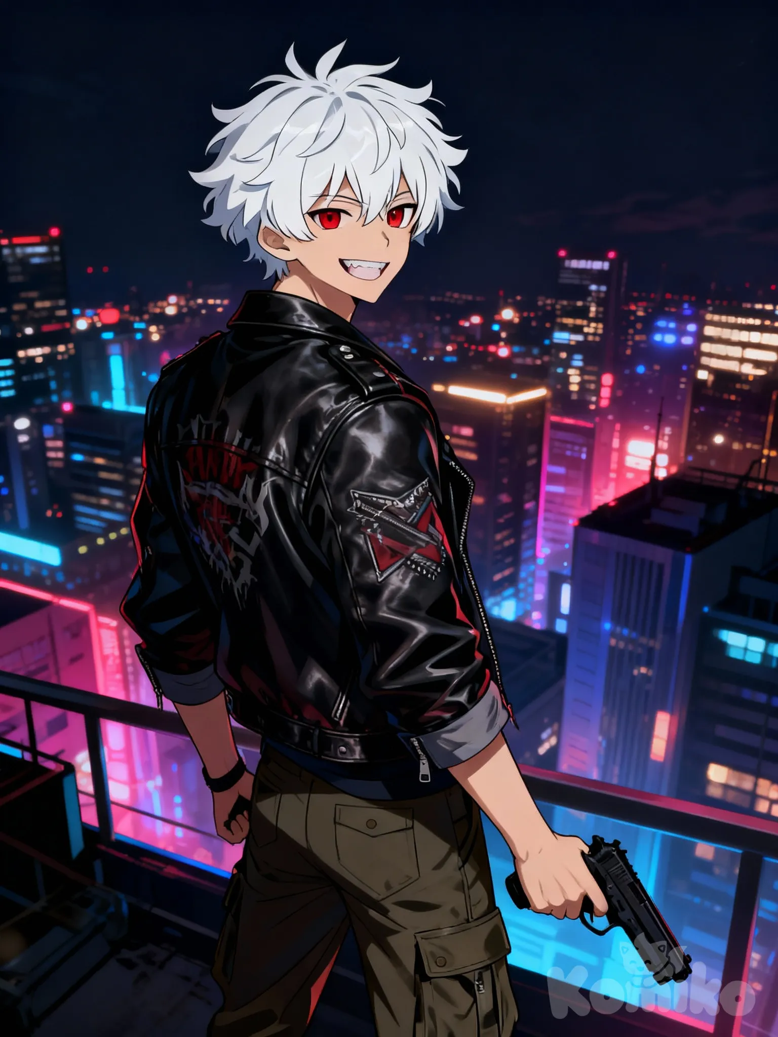 @riven-sylas-ecJl, [muscular-manhwa-style], looking back, evil smile, holding gun, punk leather jacket, cargo pants, looking at viewer, upper body, night, city lights, cityscape